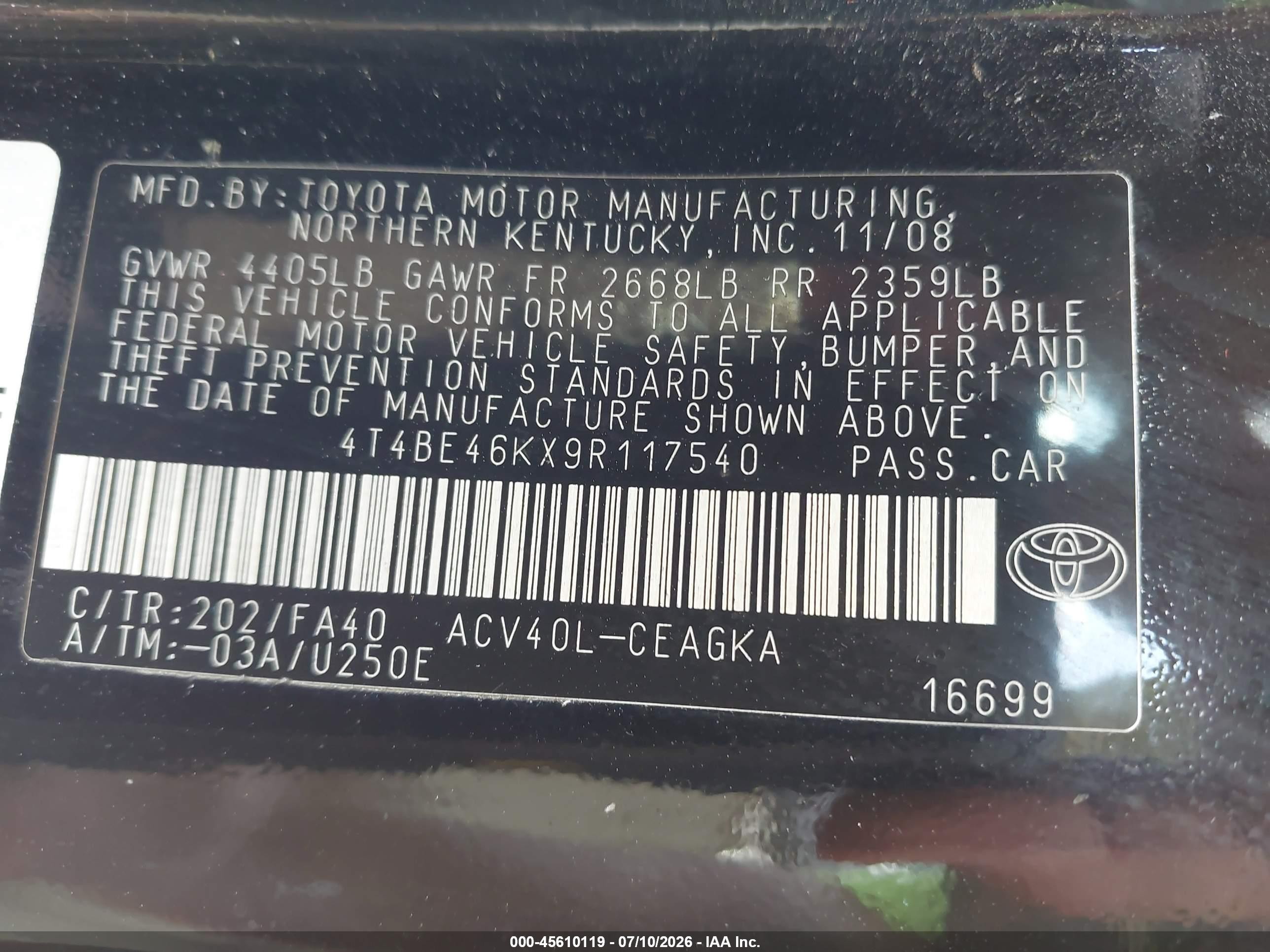 2009 Toyota Camry Xle Black vin: 4T4BE46KX9R117540