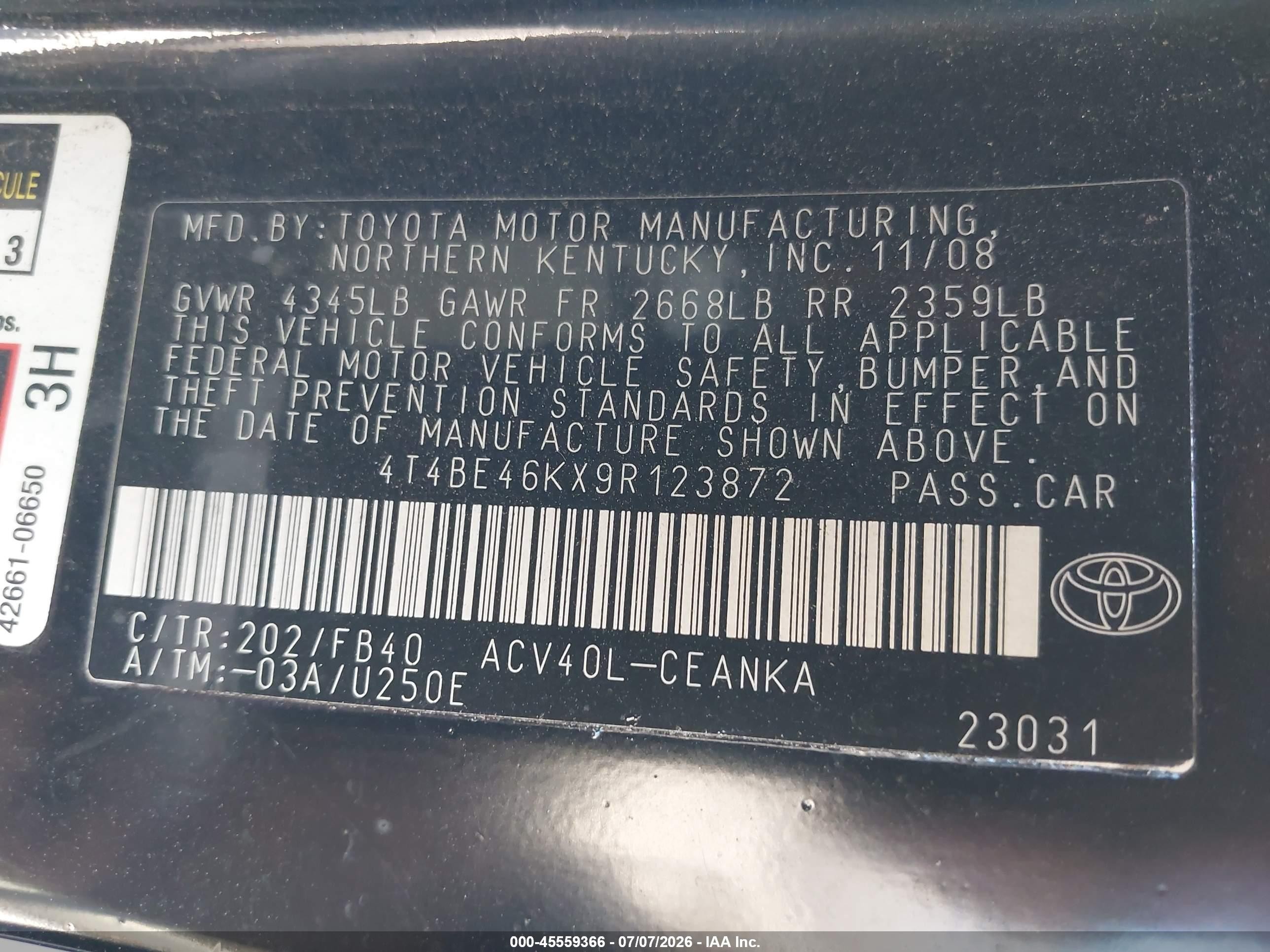 2009 Toyota Camry Le Black vin: 4T4BE46KX9R123872