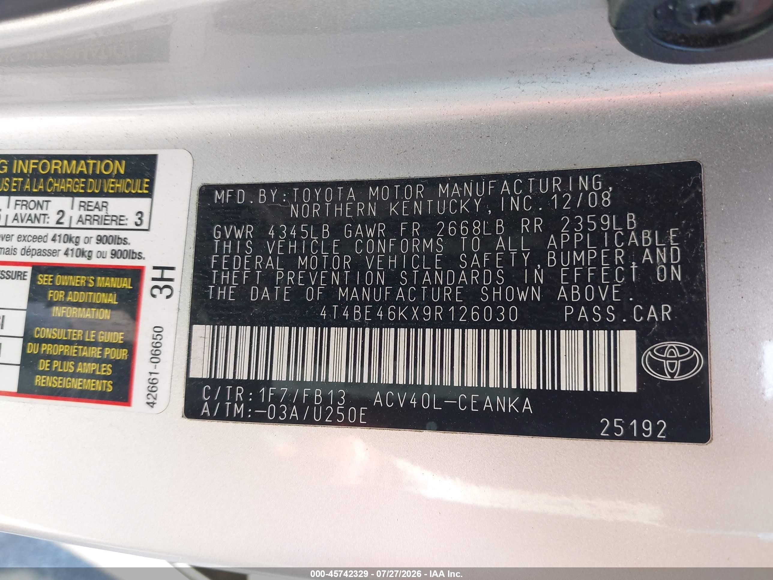2009 Toyota Camry Le Серебряный vin: 4T4BE46KX9R126030
