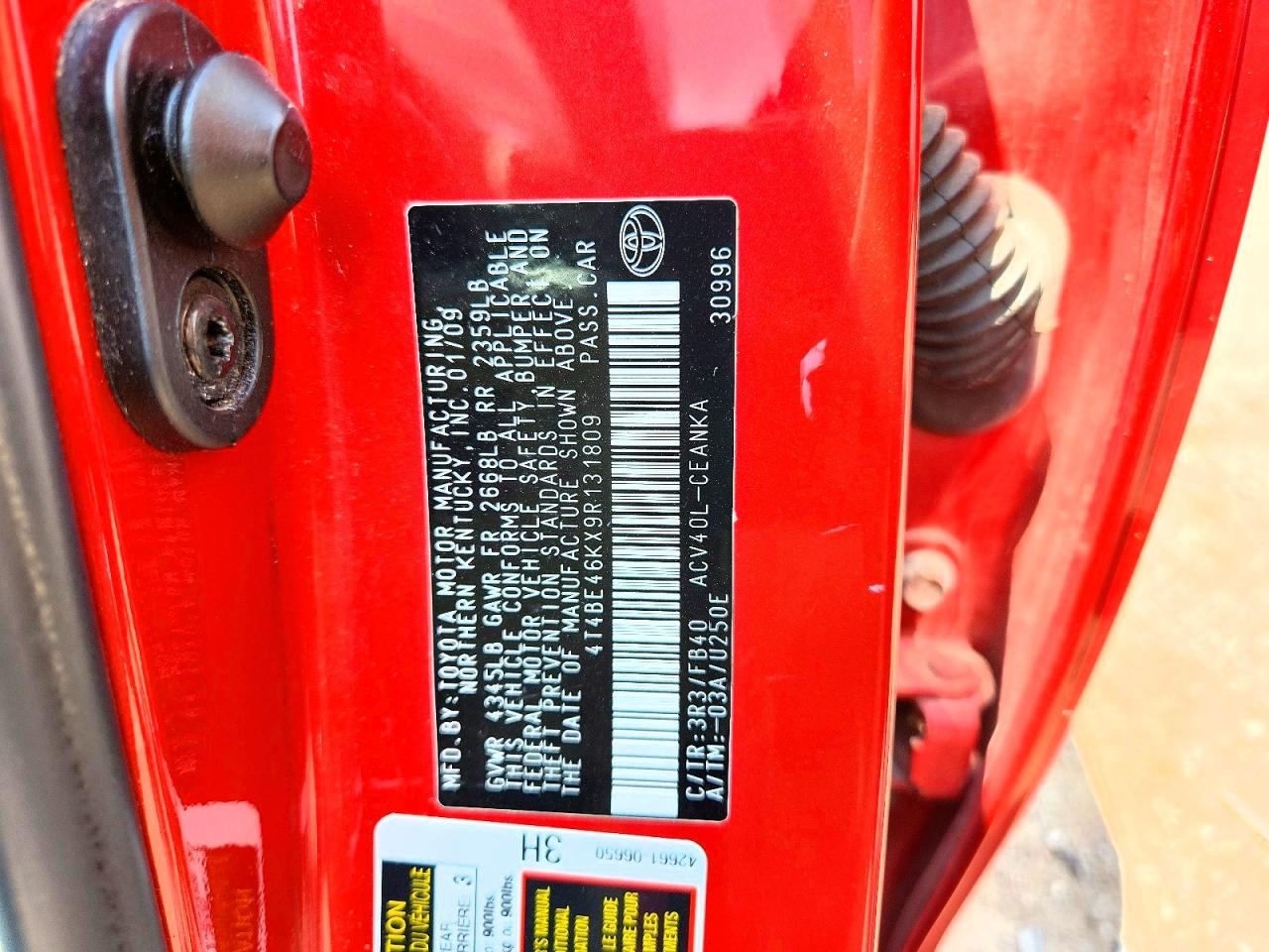 2009 Toyota Camry Le Red vin: 4T4BE46KX9R131809