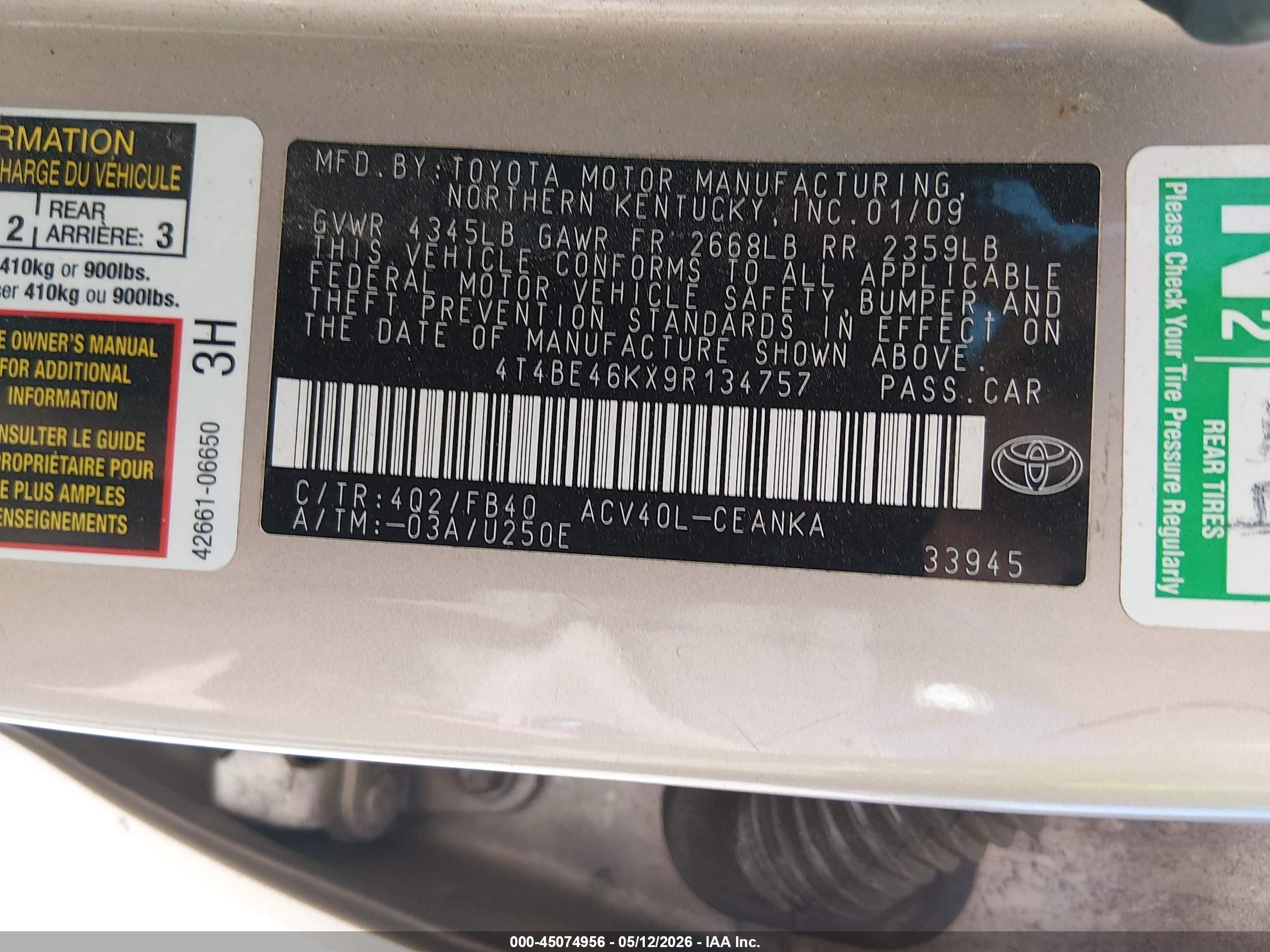 2009 Toyota Camry Le Beige vin: 4T4BE46KX9R134757