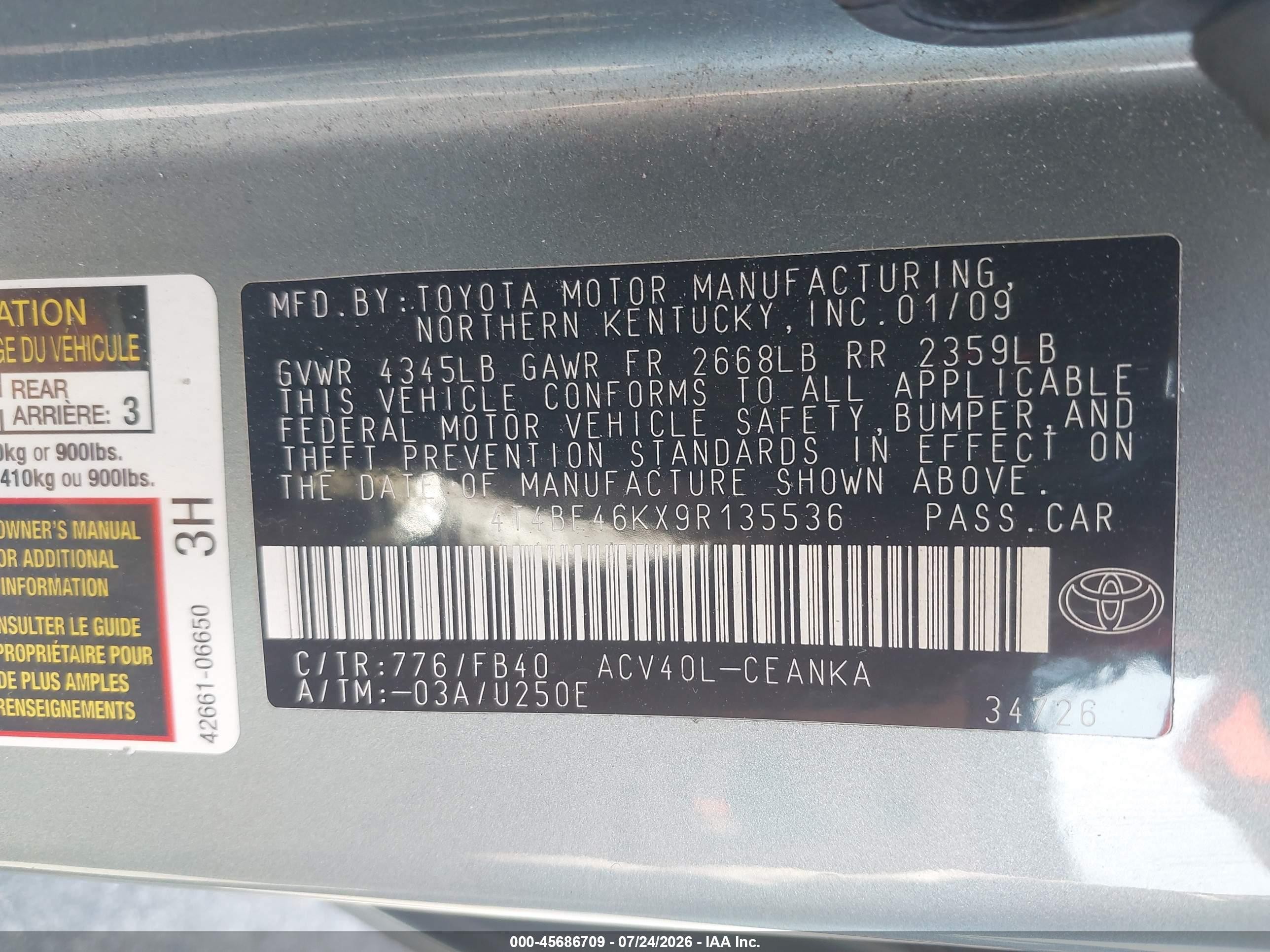 2009 Toyota Camry Le Green vin: 4T4BE46KX9R135536