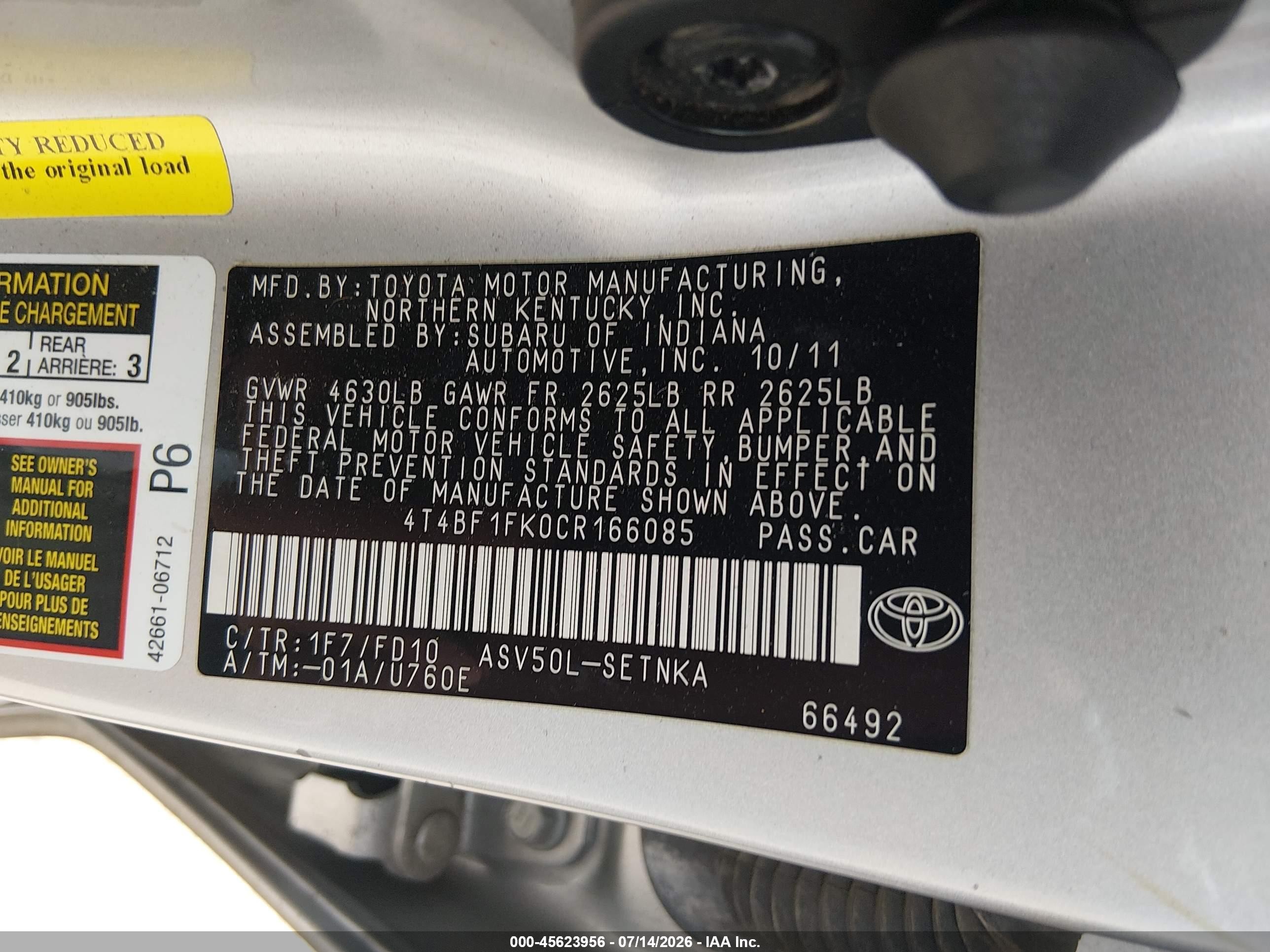 2012 Toyota Camry Le Silver vin: 4T4BF1FK0CR166085