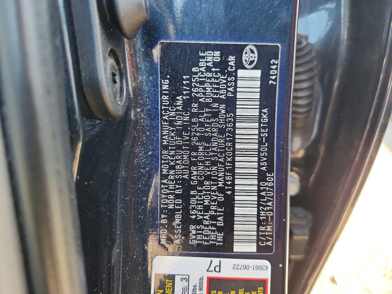 2012 Toyota Camry Xle Black vin: 4T4BF1FK0CR173635