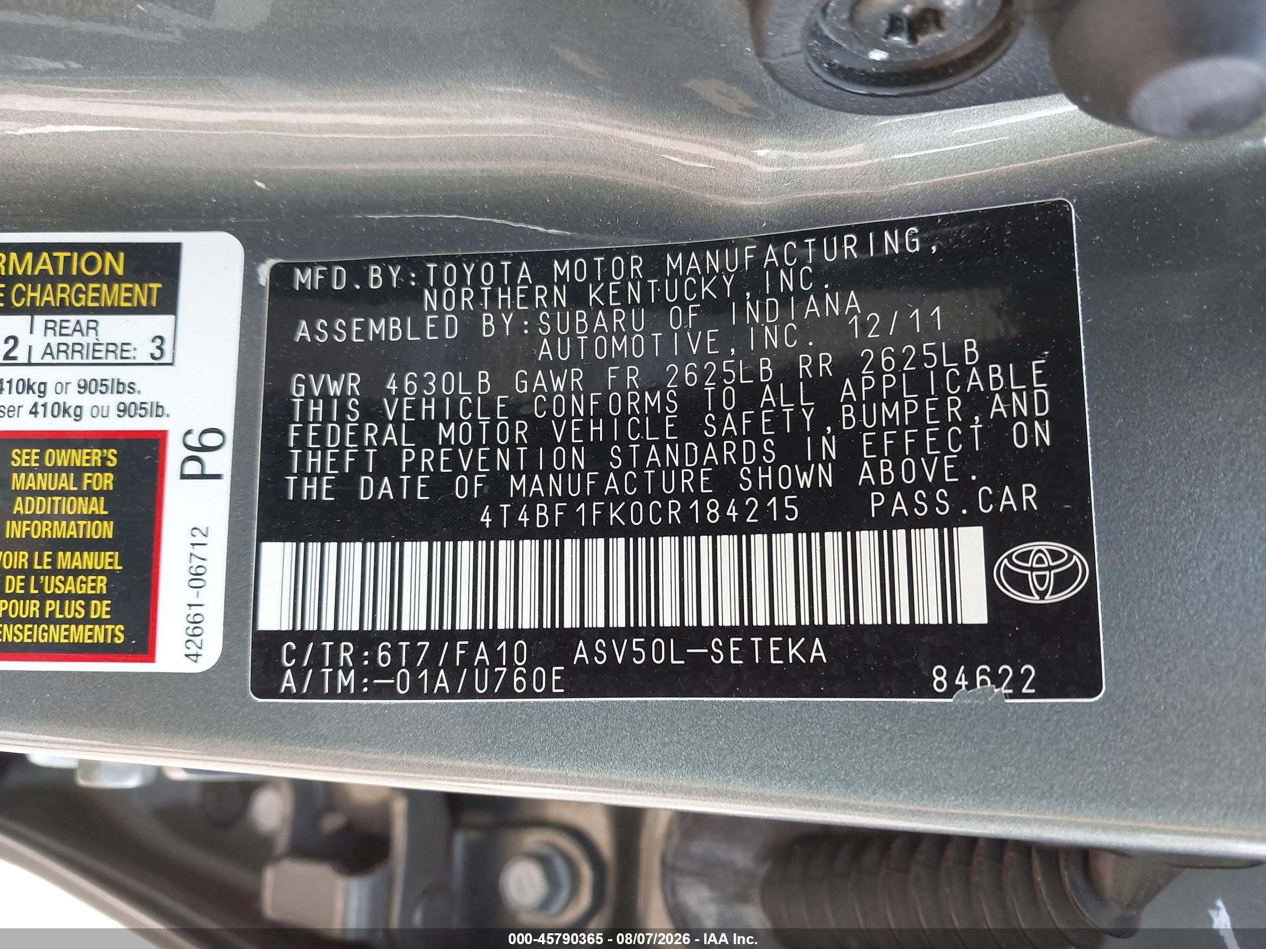 2012 Toyota Camry L Серебряный vin: 4T4BF1FK0CR184215