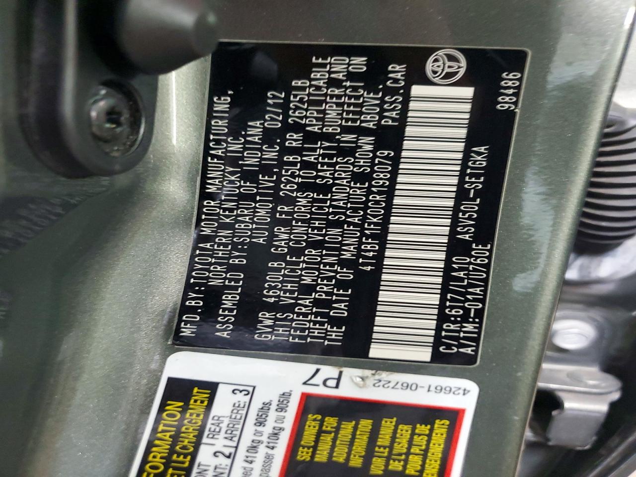 2012 Toyota Camry Xle Серый vin: 4T4BF1FK0CR198079