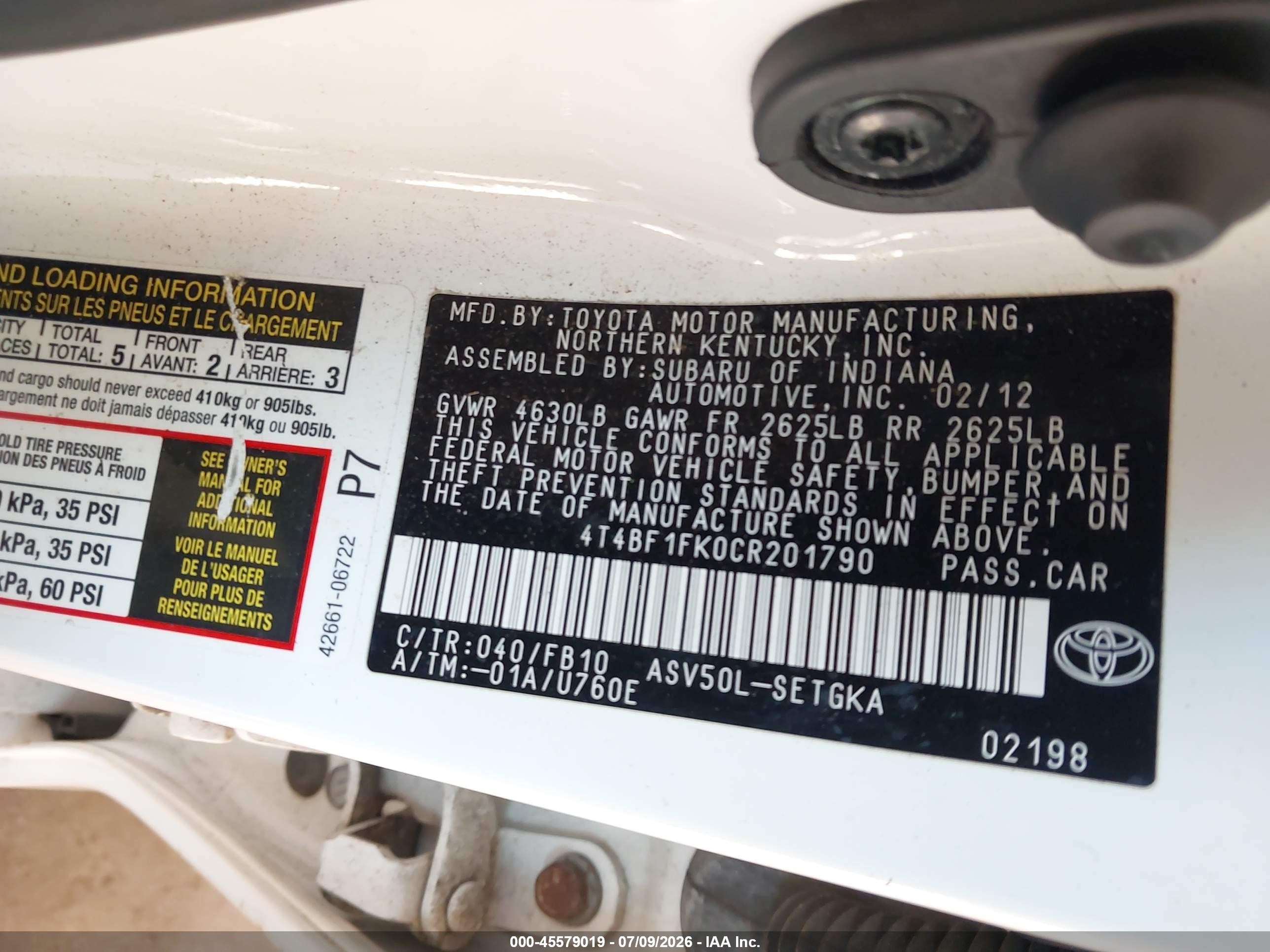 2012 Toyota Camry Xle White vin: 4T4BF1FK0CR201790