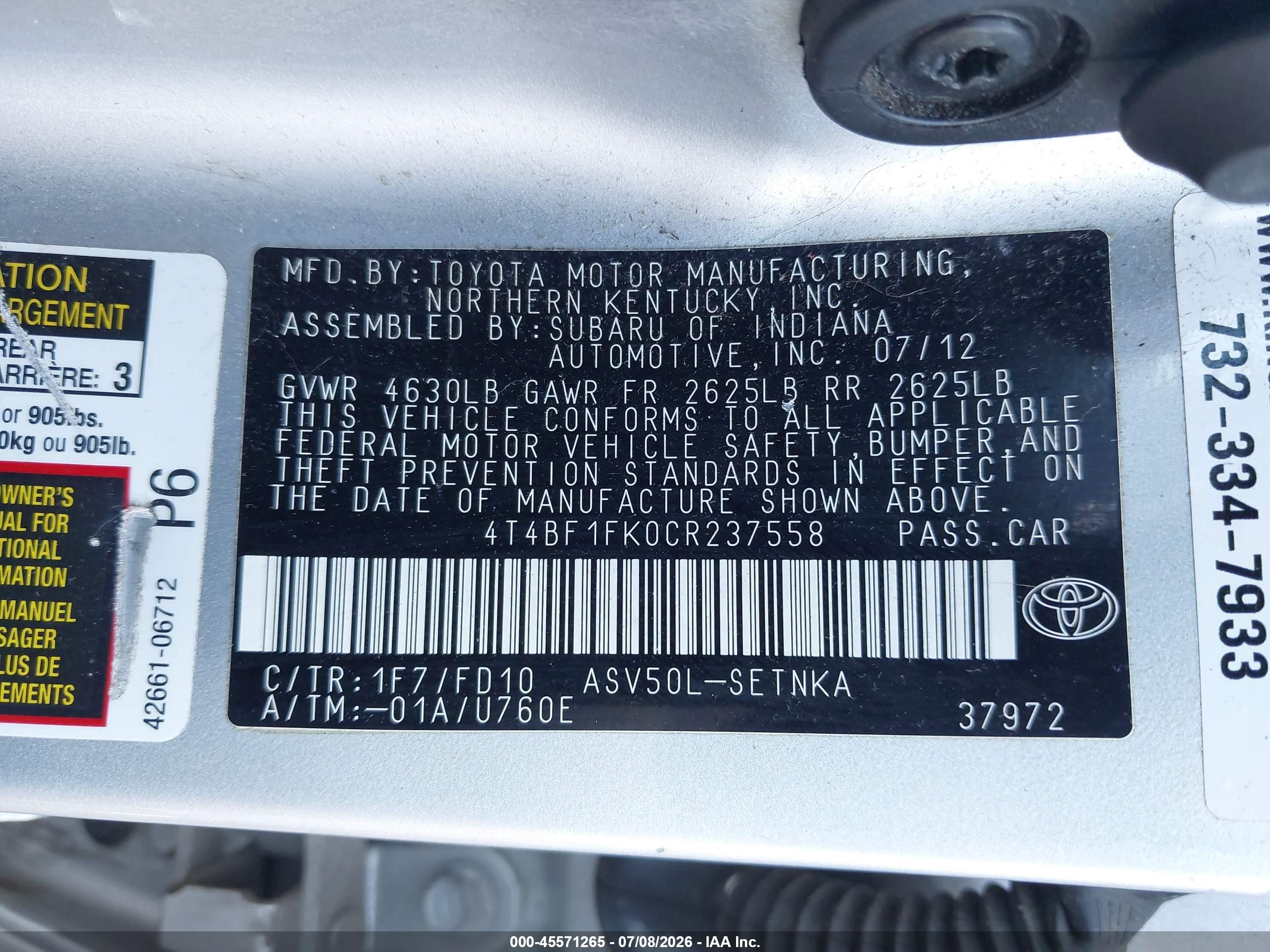 2012 Toyota Camry Le Silver vin: 4T4BF1FK0CR237558