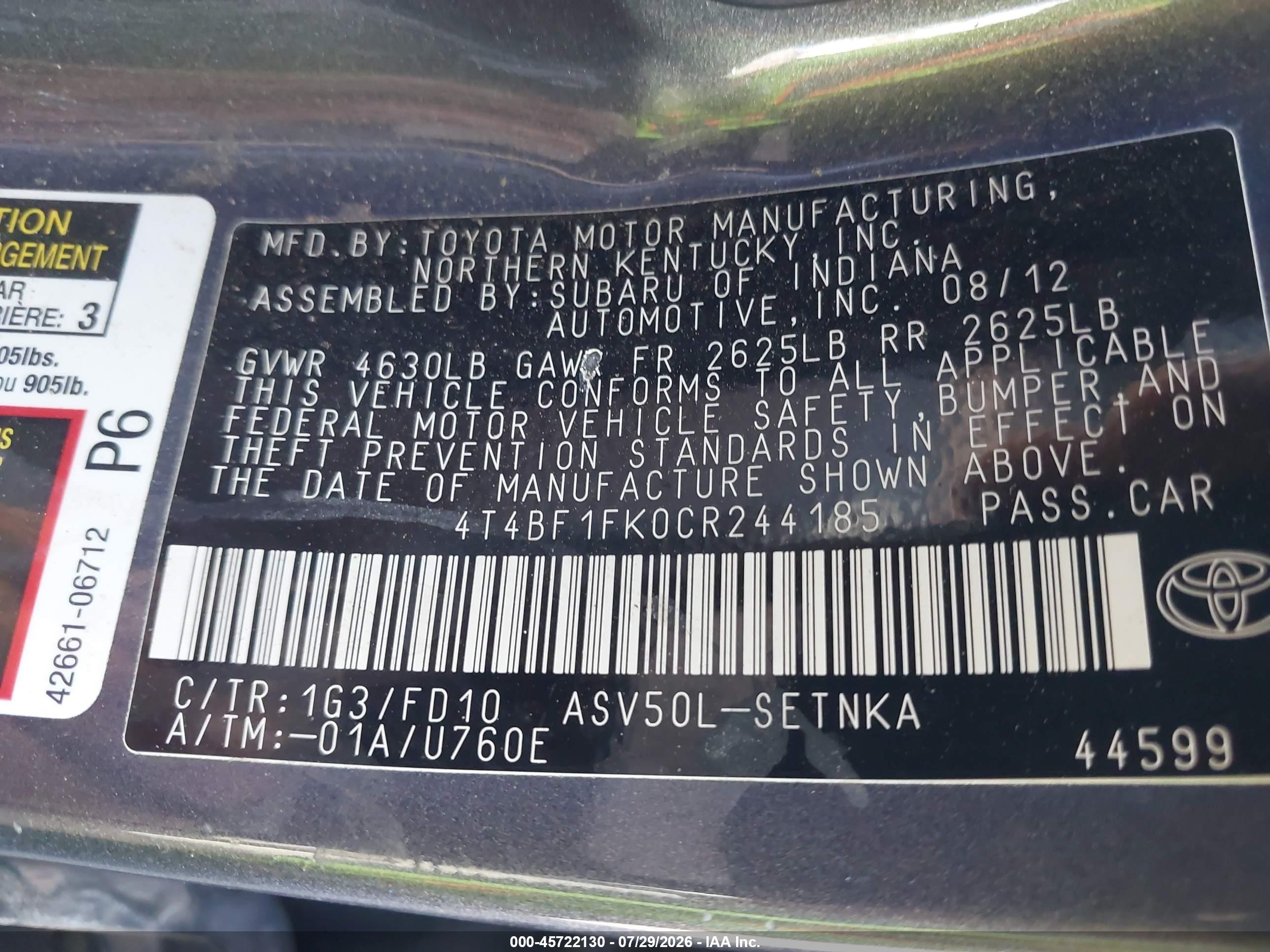 2012 Toyota Camry Le Серый vin: 4T4BF1FK0CR244185