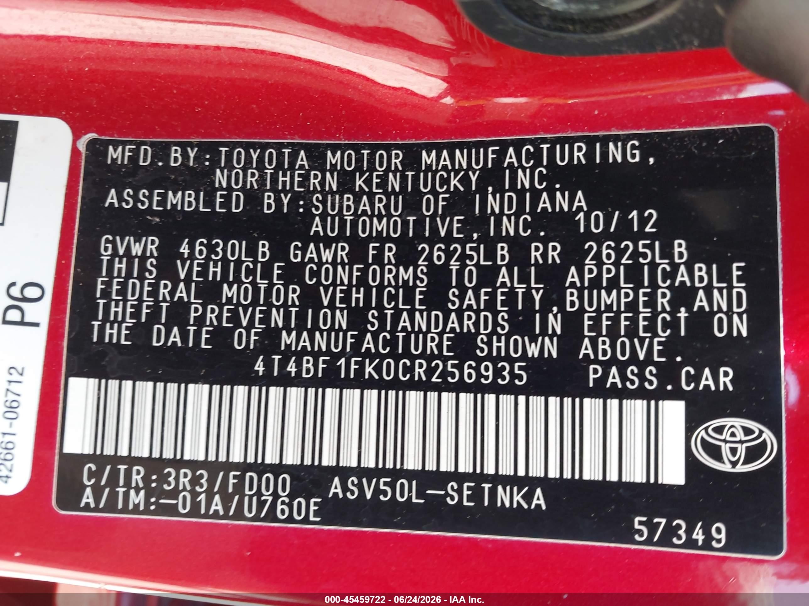 2012 Toyota Camry Le Red vin: 4T4BF1FK0CR256935