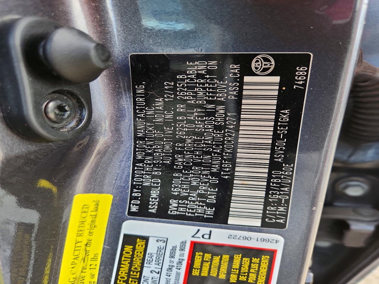 2012 Toyota Camry Xle Gray vin: 4T4BF1FK0CR274271