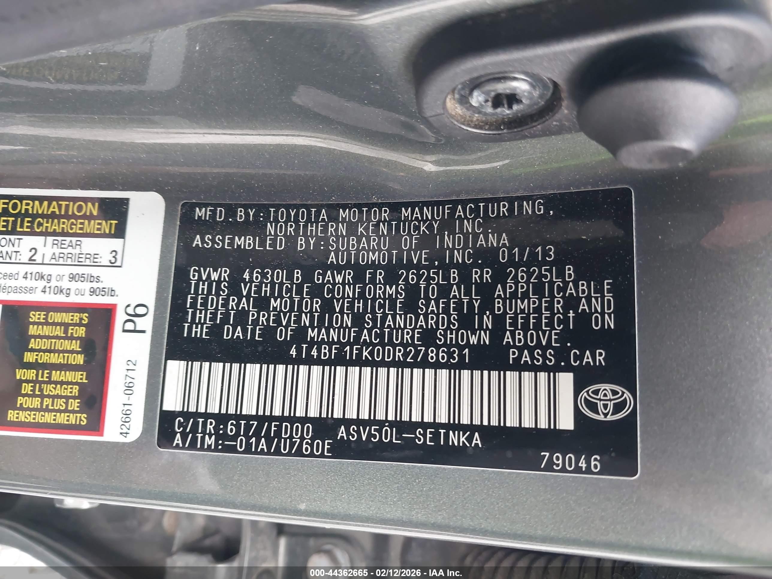 2013 Toyota Camry Le Gray vin: 4T4BF1FK0DR278631