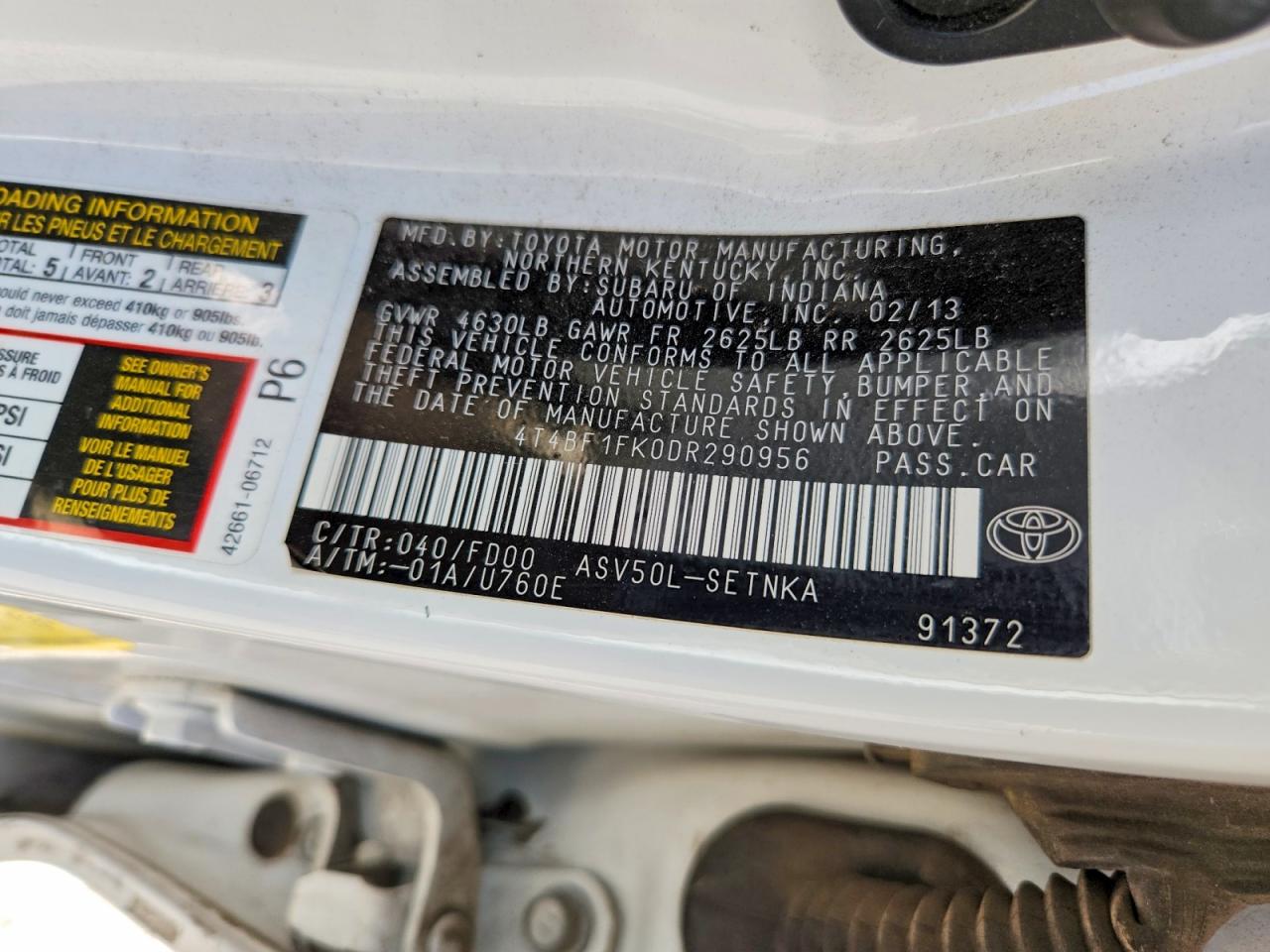 2013 Toyota Camry Le White vin: 4T4BF1FK0DR290956