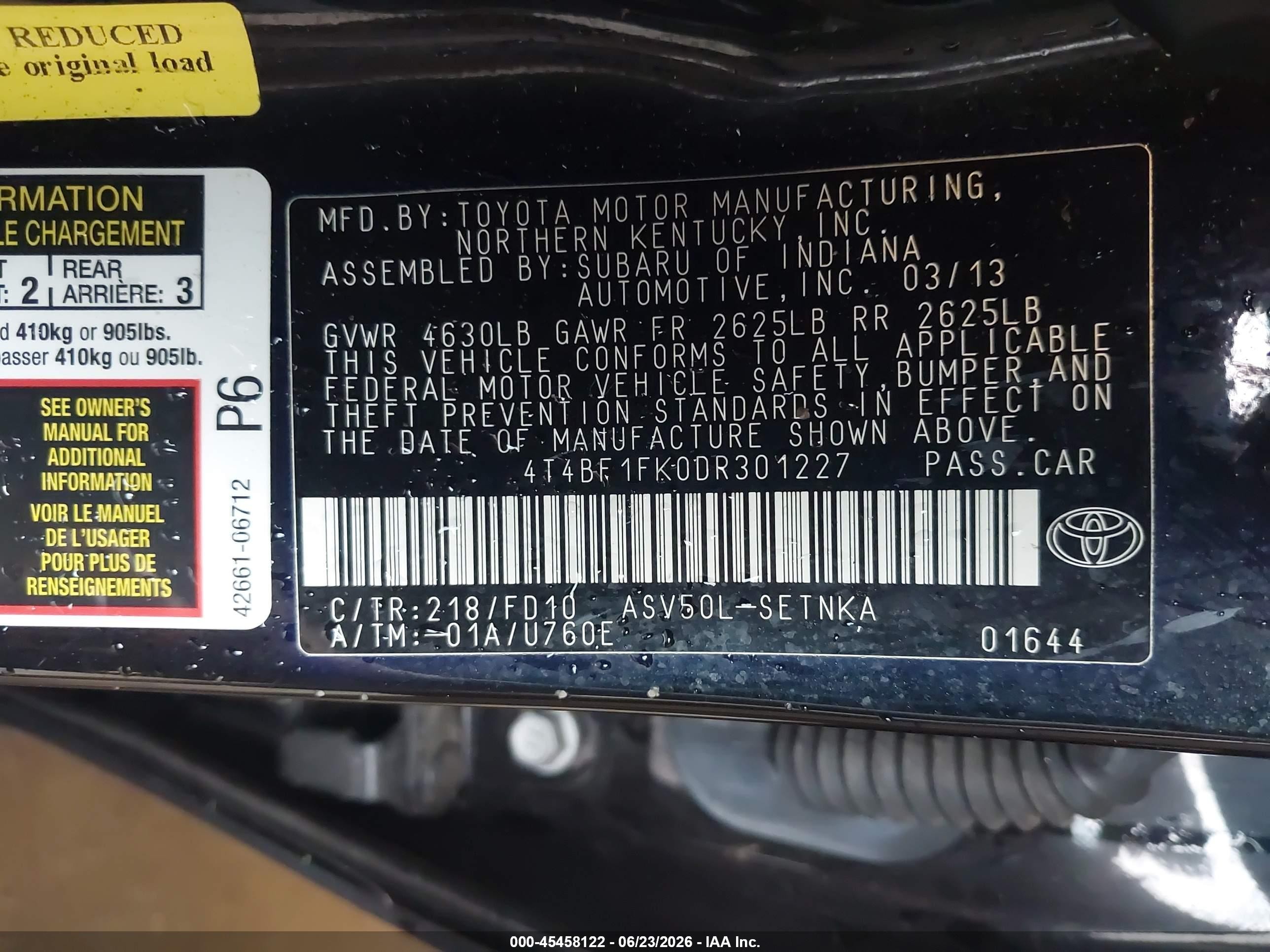 2013 Toyota Camry Le Black vin: 4T4BF1FK0DR301227