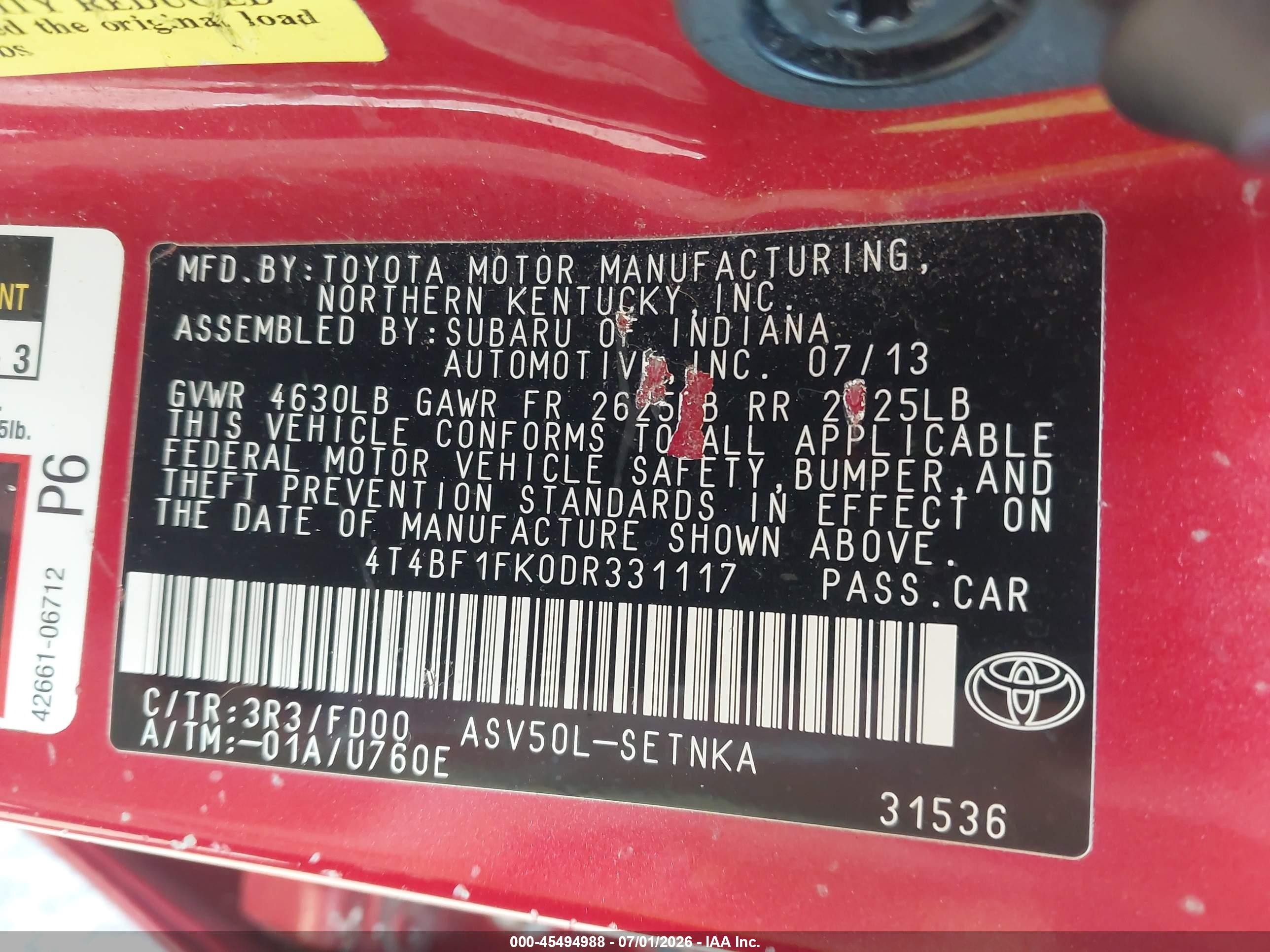 2013 Toyota Camry Le Red vin: 4T4BF1FK0DR331117