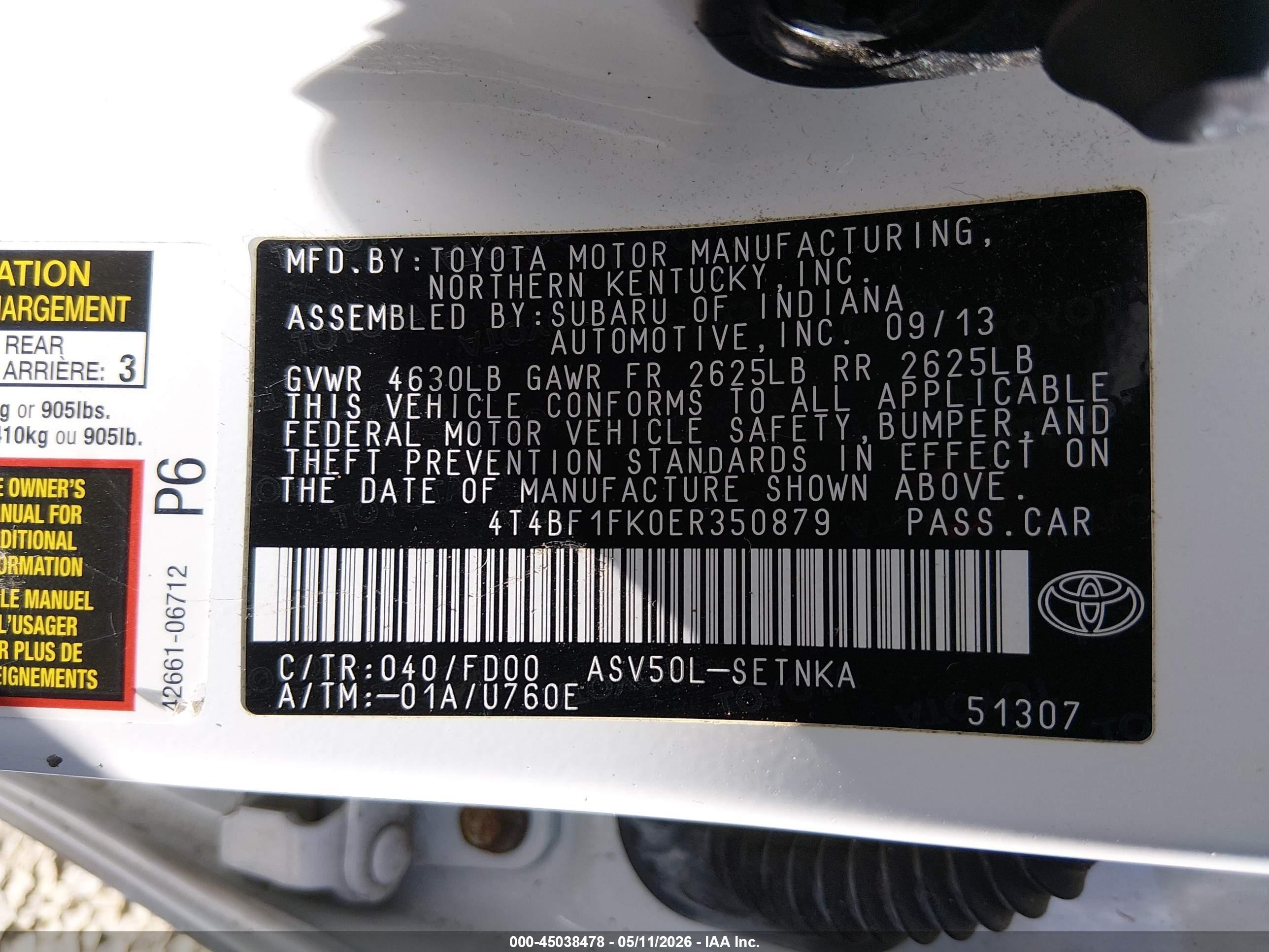 2014 Toyota Camry Le White vin: 4T4BF1FK0ER350879