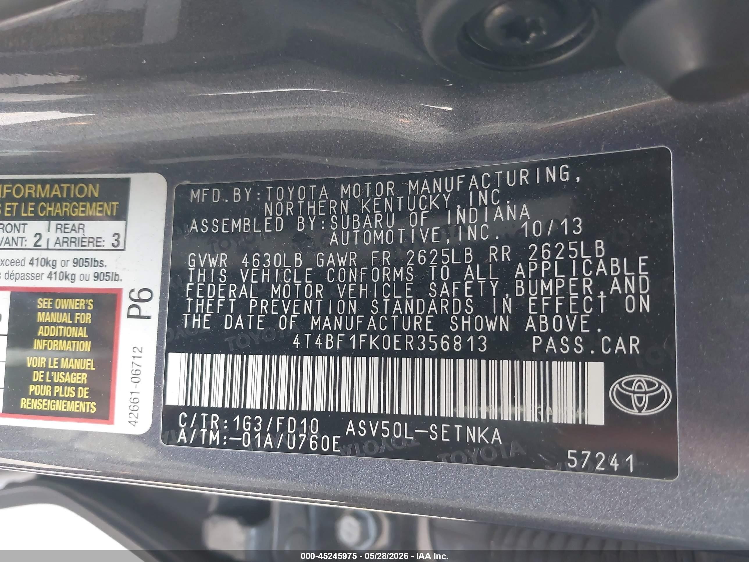 2014 Toyota Camry Le Gray vin: 4T4BF1FK0ER356813