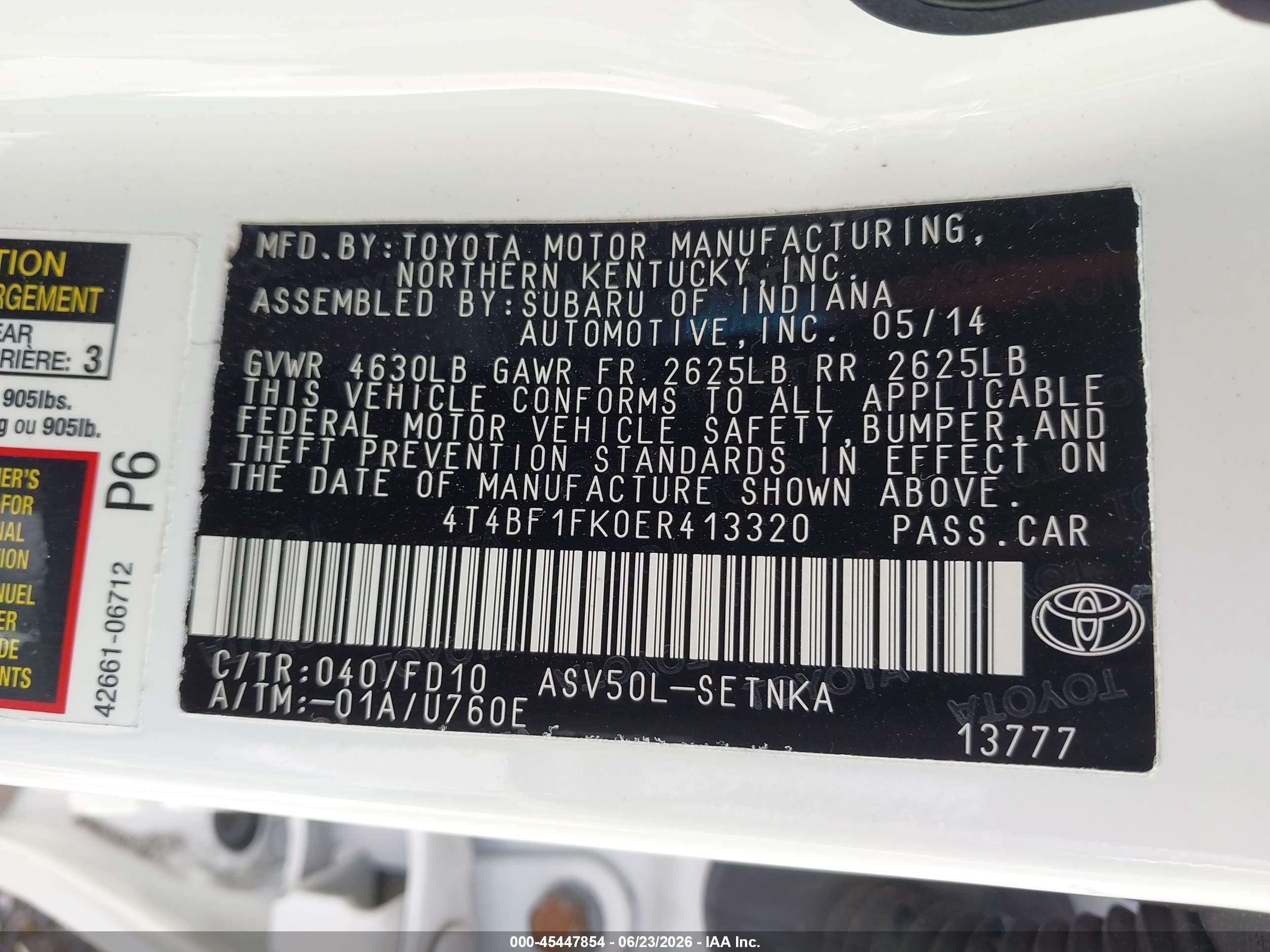 2014 Toyota Camry Le White vin: 4T4BF1FK0ER413320