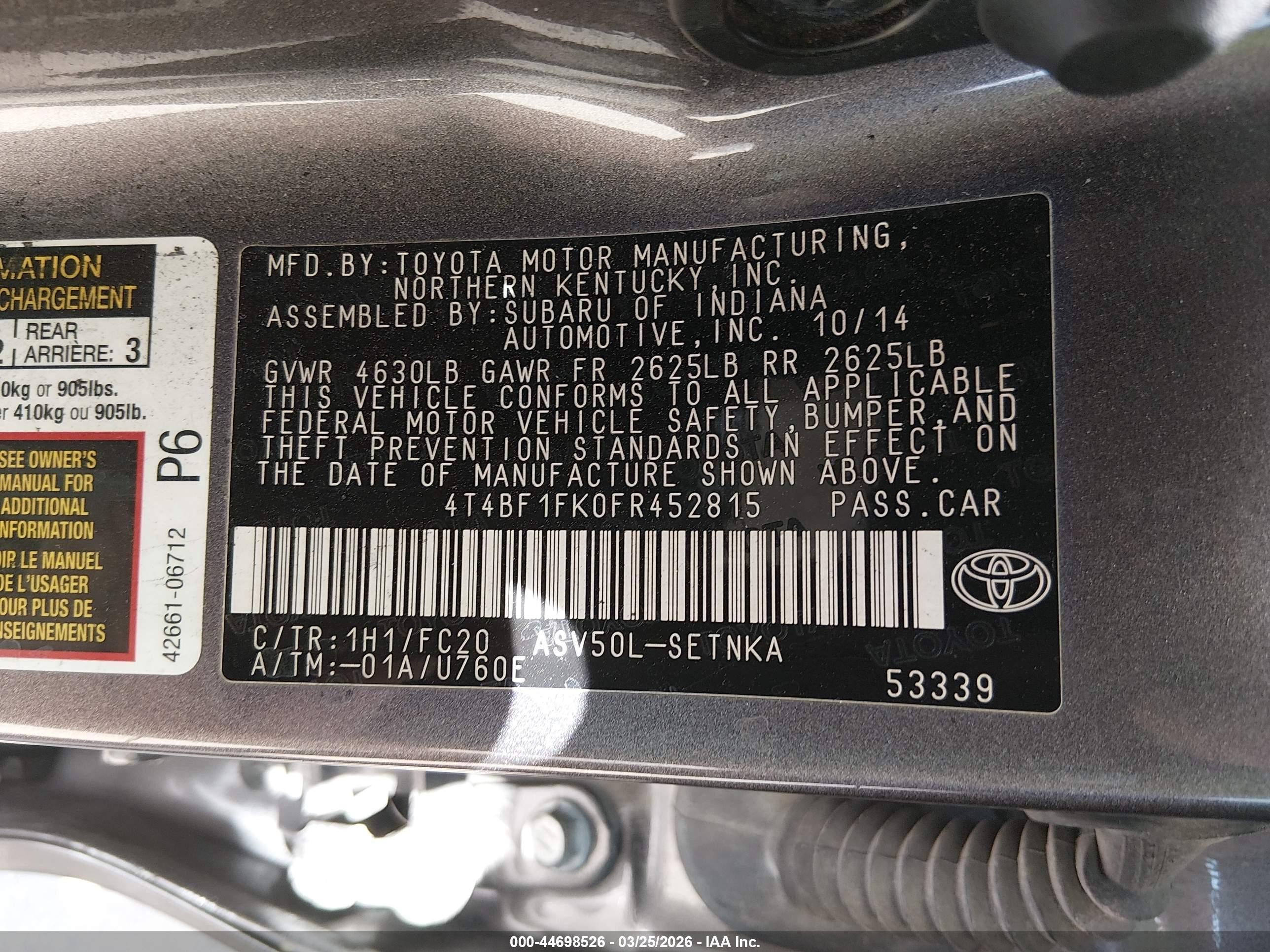 2015 Toyota Camry Le Gray vin: 4T4BF1FK0FR452815