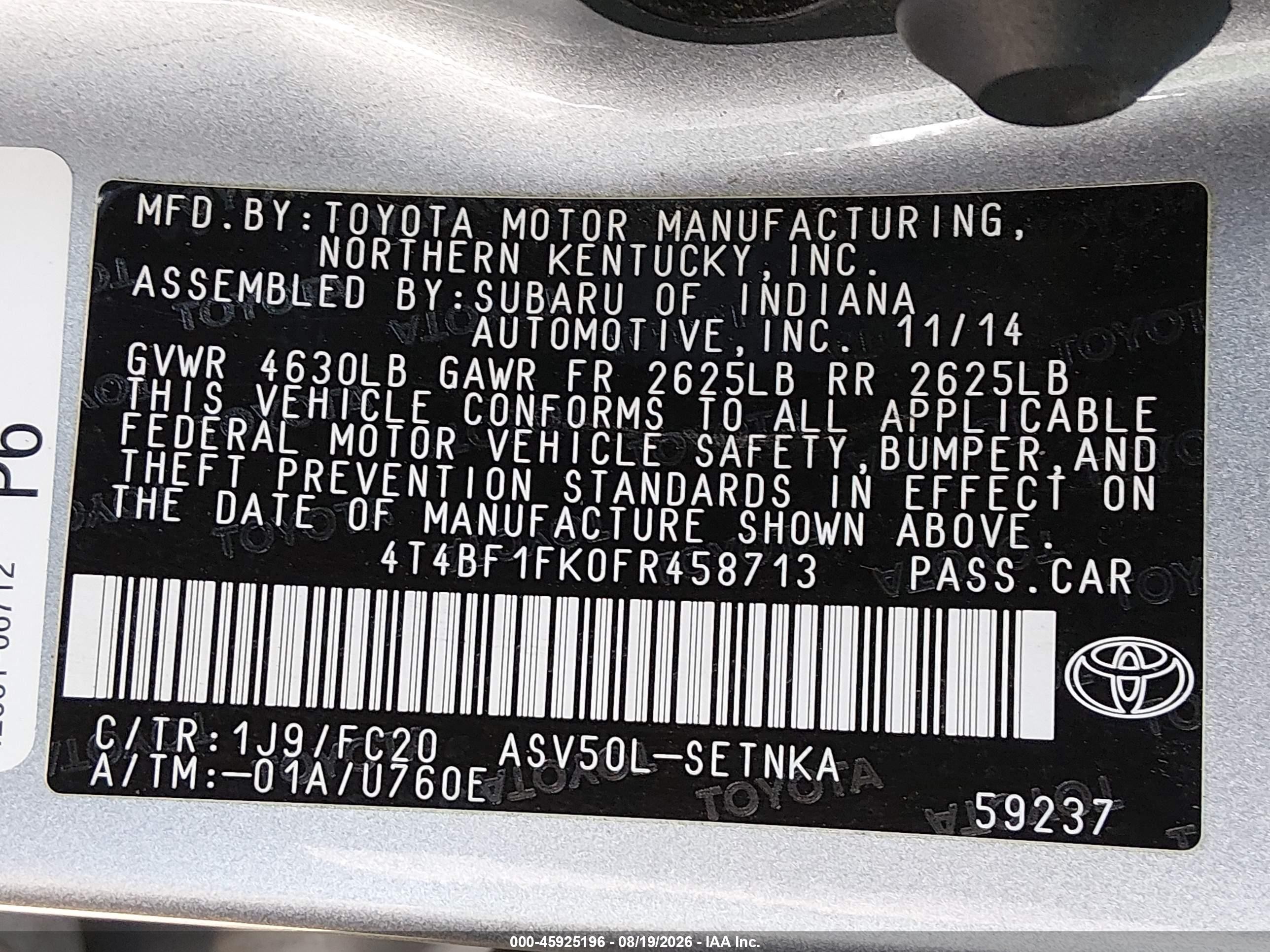 2015 Toyota Camry Le Silver vin: 4T4BF1FK0FR458713