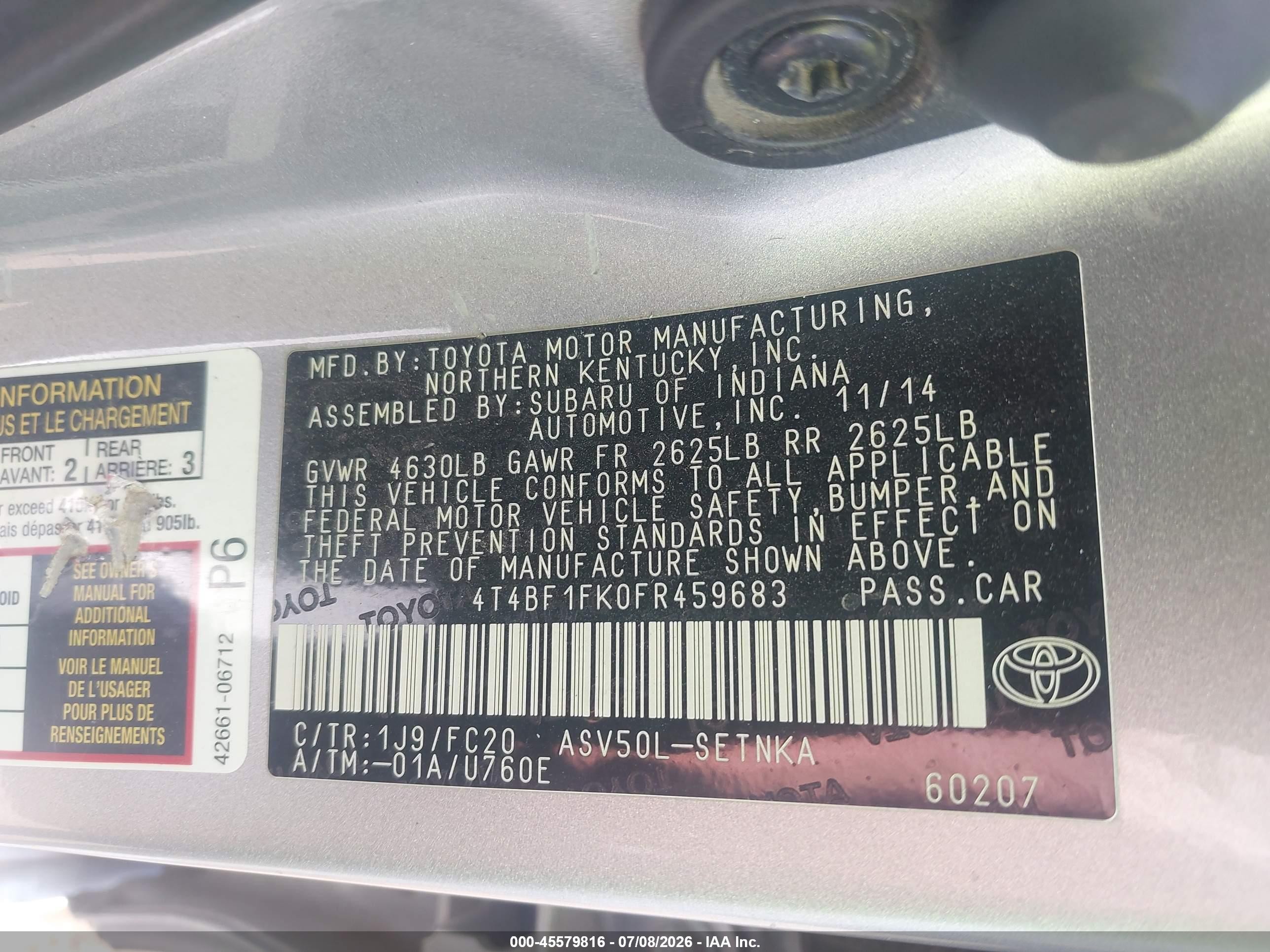 2015 Toyota Camry Le Silver vin: 4T4BF1FK0FR459683