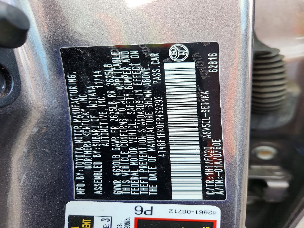 2015 Toyota Camry Le Gray vin: 4T4BF1FK0FR462292