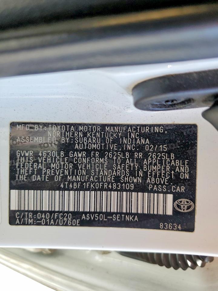 2015 Toyota Camry Le White vin: 4T4BF1FK0FR483109