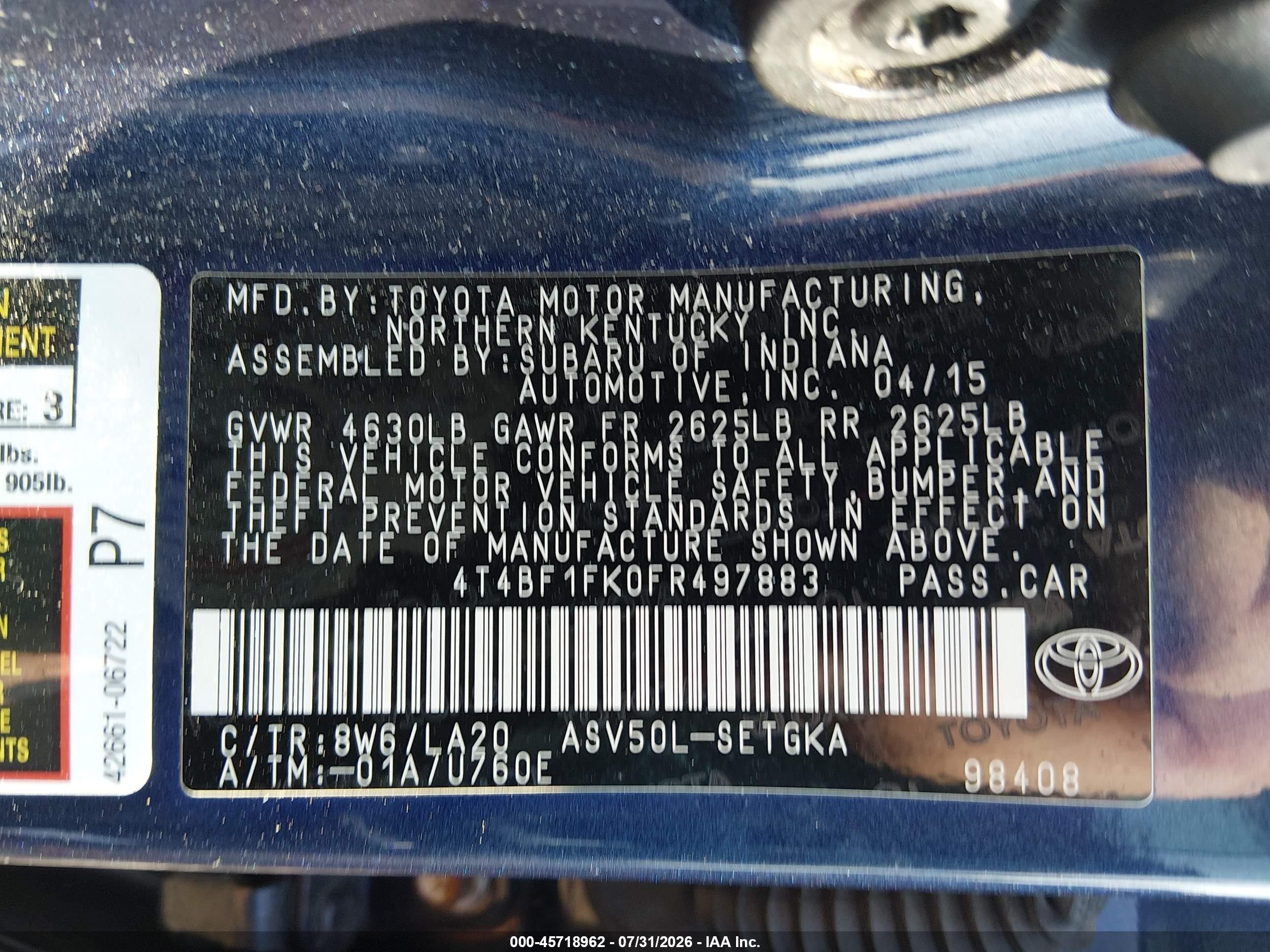 2015 Toyota Camry Xle Blue vin: 4T4BF1FK0FR497883