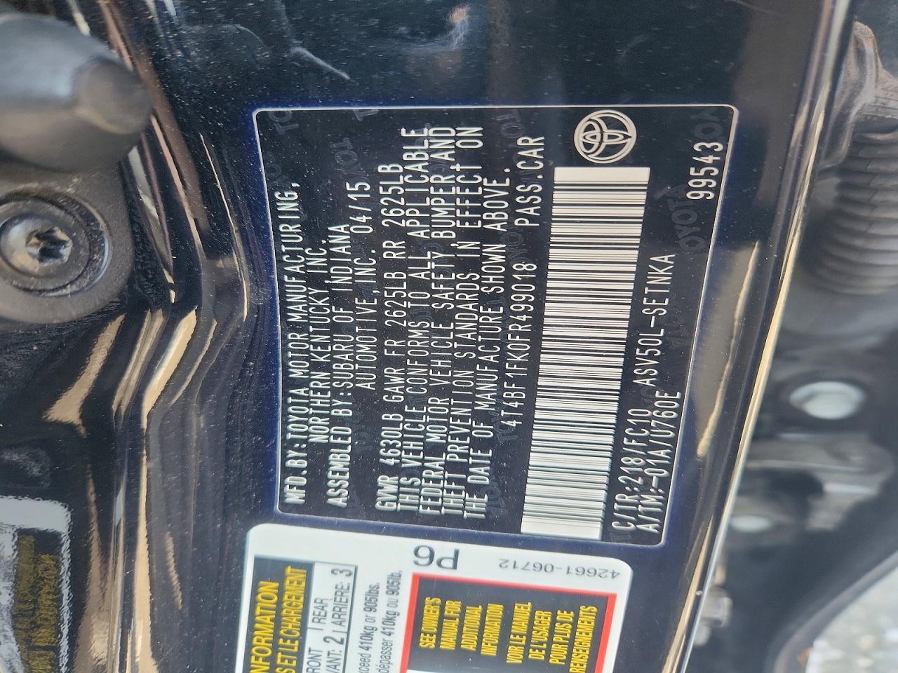 2015 Toyota Camry Le Black vin: 4T4BF1FK0FR499018