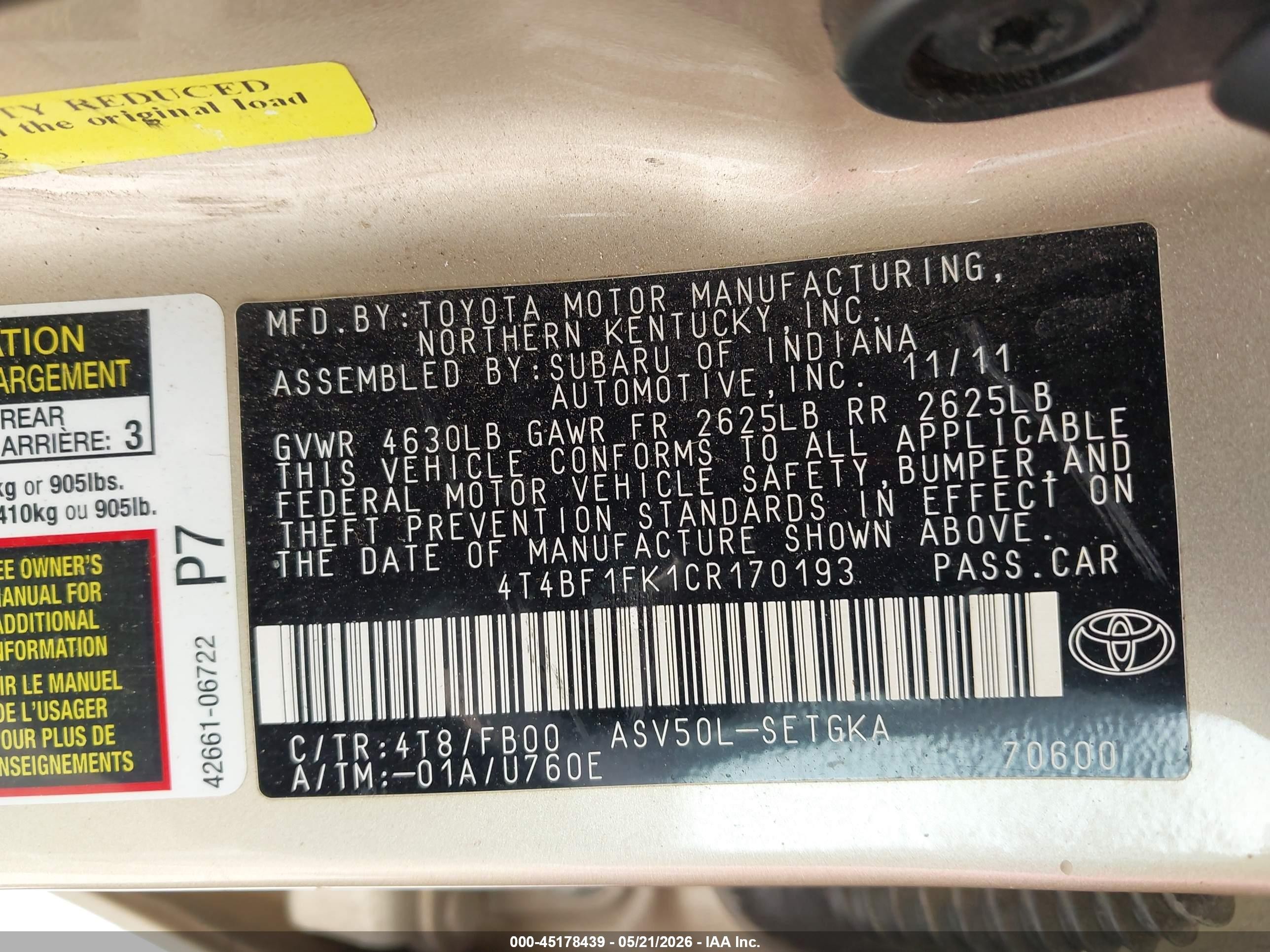2012 Toyota Camry Xle Gold vin: 4T4BF1FK1CR170193