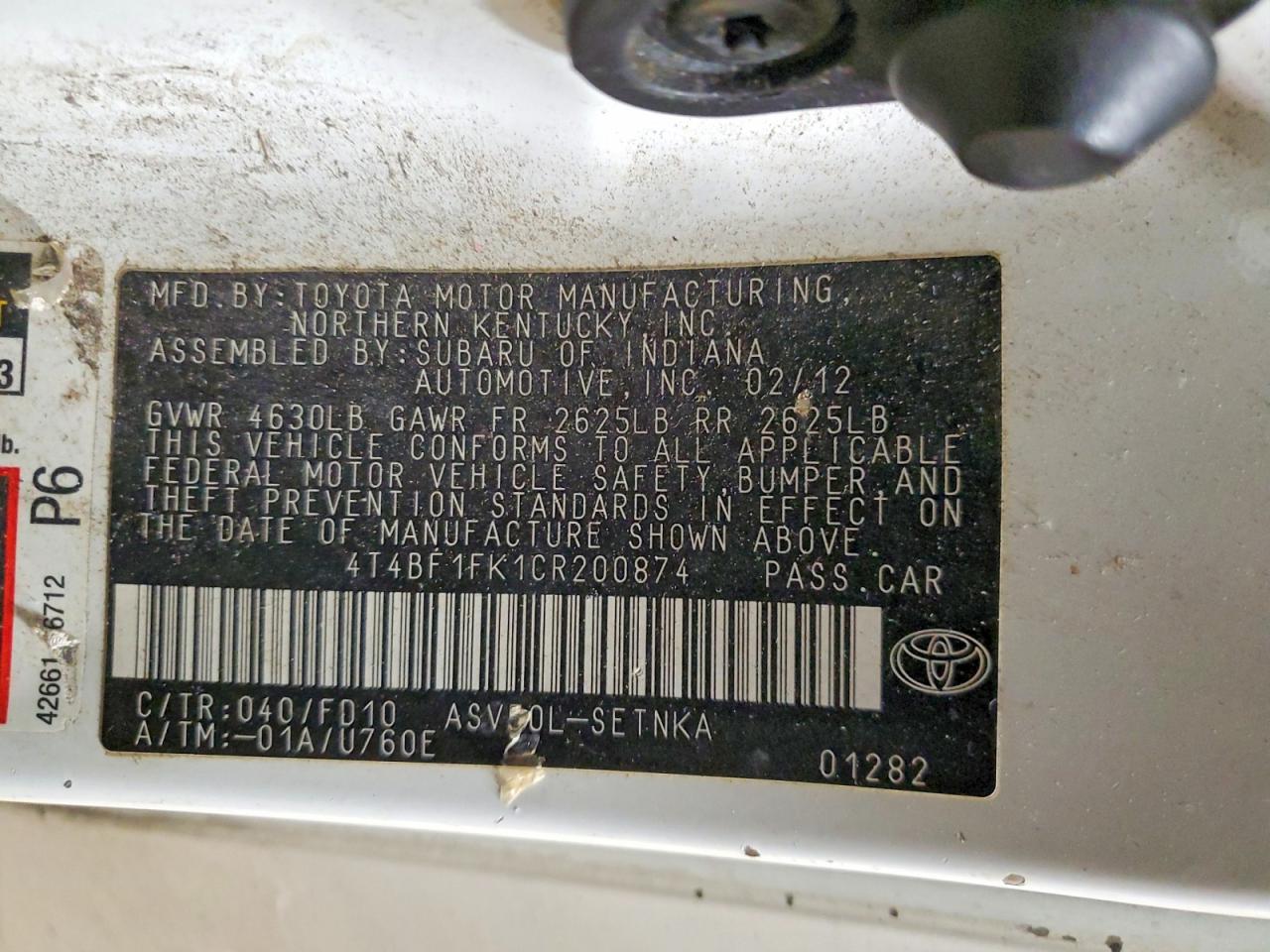 2012 Toyota Camry Base White vin: 4T4BF1FK1CR200874