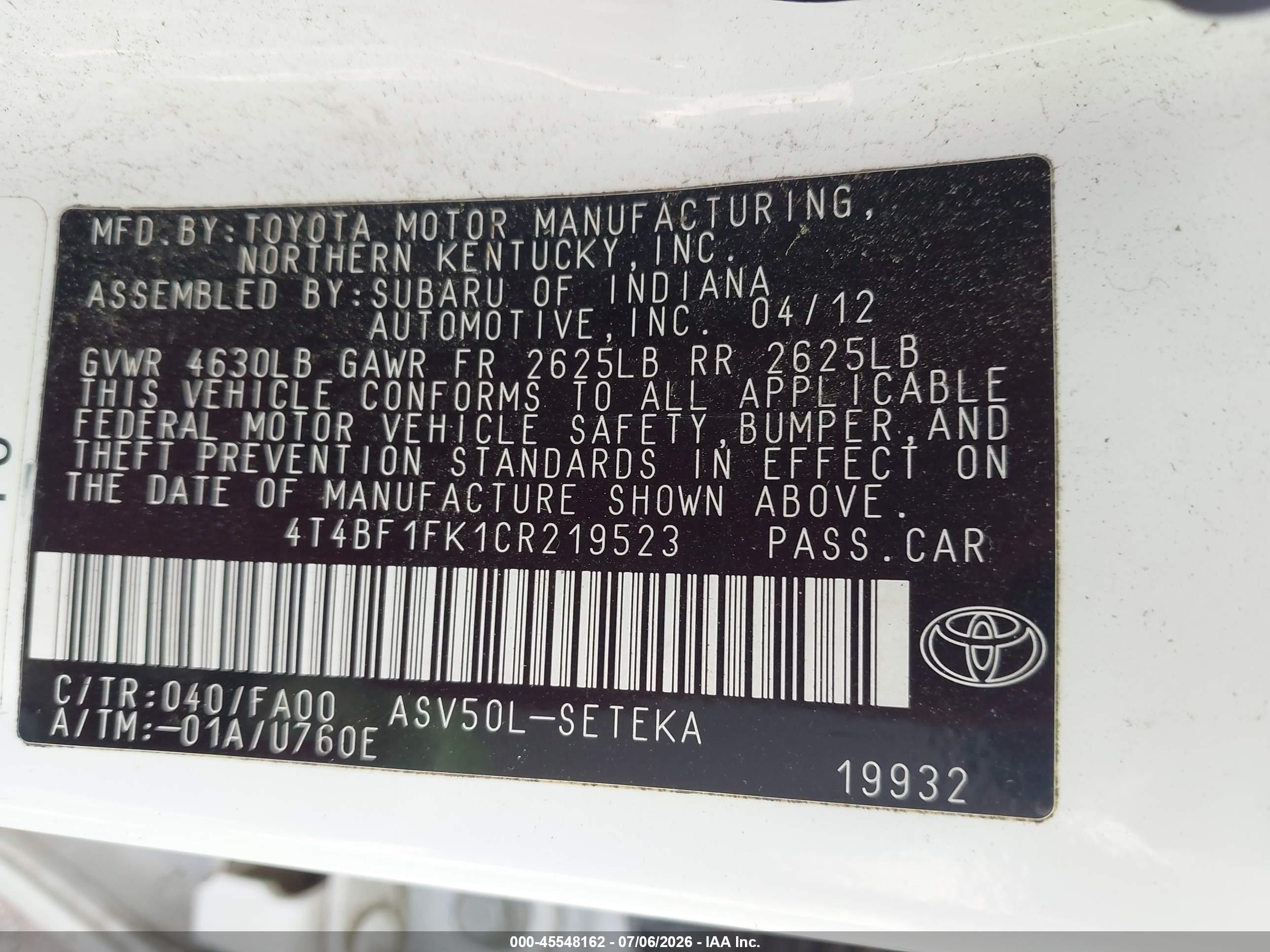 2012 Toyota Camry L White vin: 4T4BF1FK1CR219523