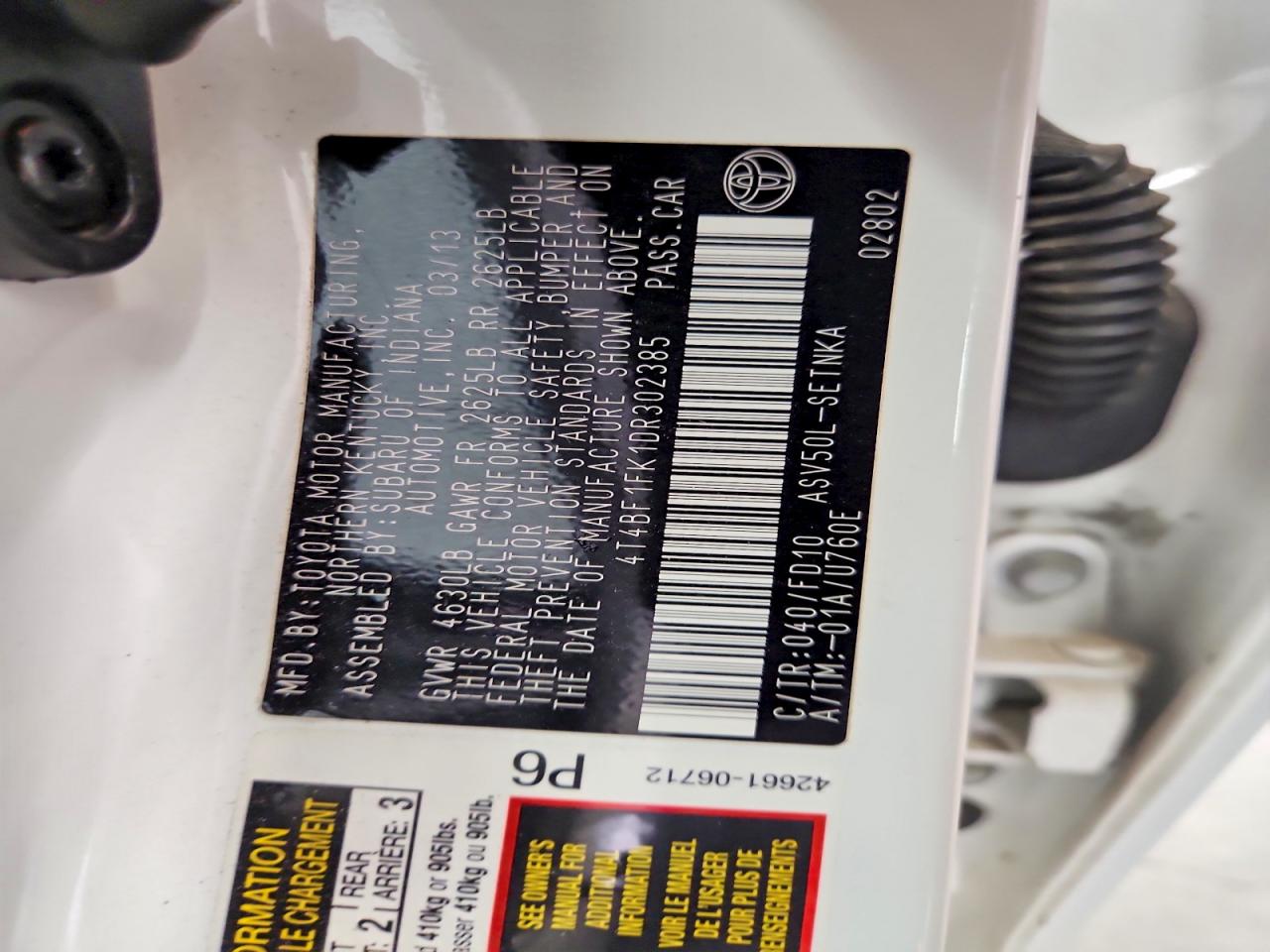 2013 Toyota Camry Le White vin: 4T4BF1FK1DR302385