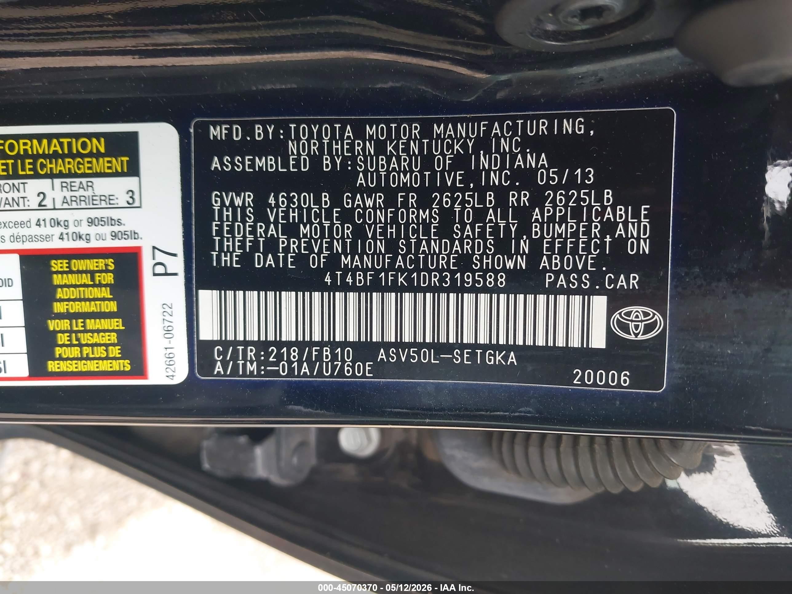 2013 Toyota Camry Xle Black vin: 4T4BF1FK1DR319588