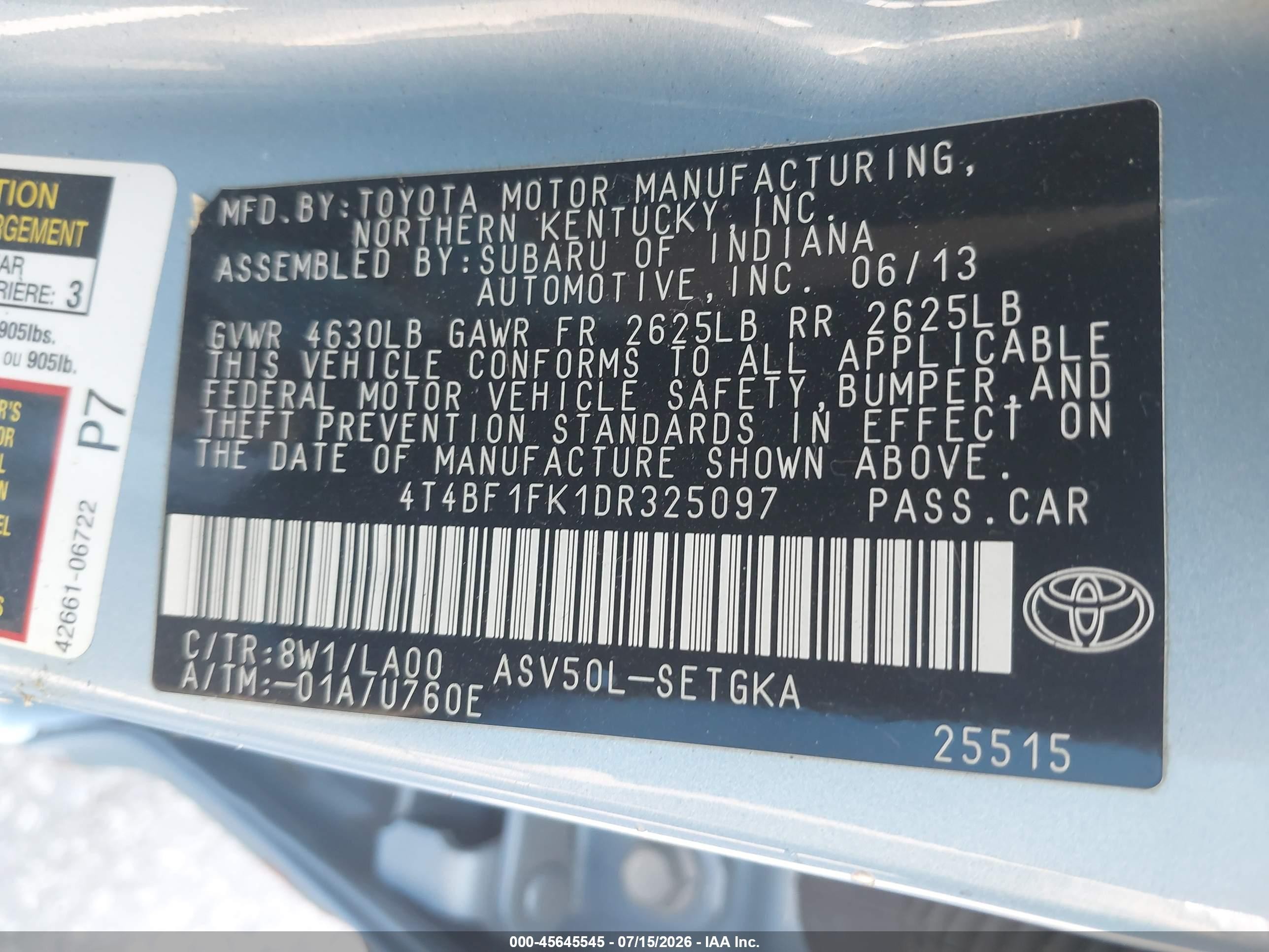 2013 Toyota Camry Xle Light Blue vin: 4T4BF1FK1DR325097