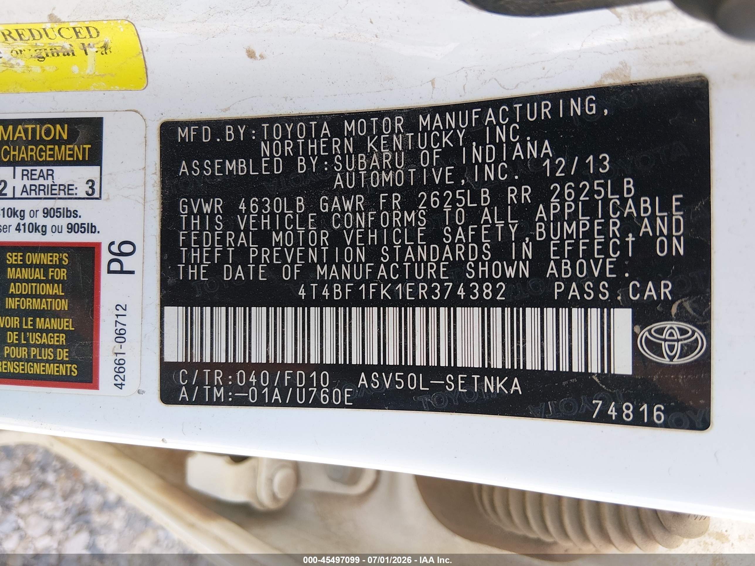 2014 Toyota Camry Le Белый vin: 4T4BF1FK1ER374382