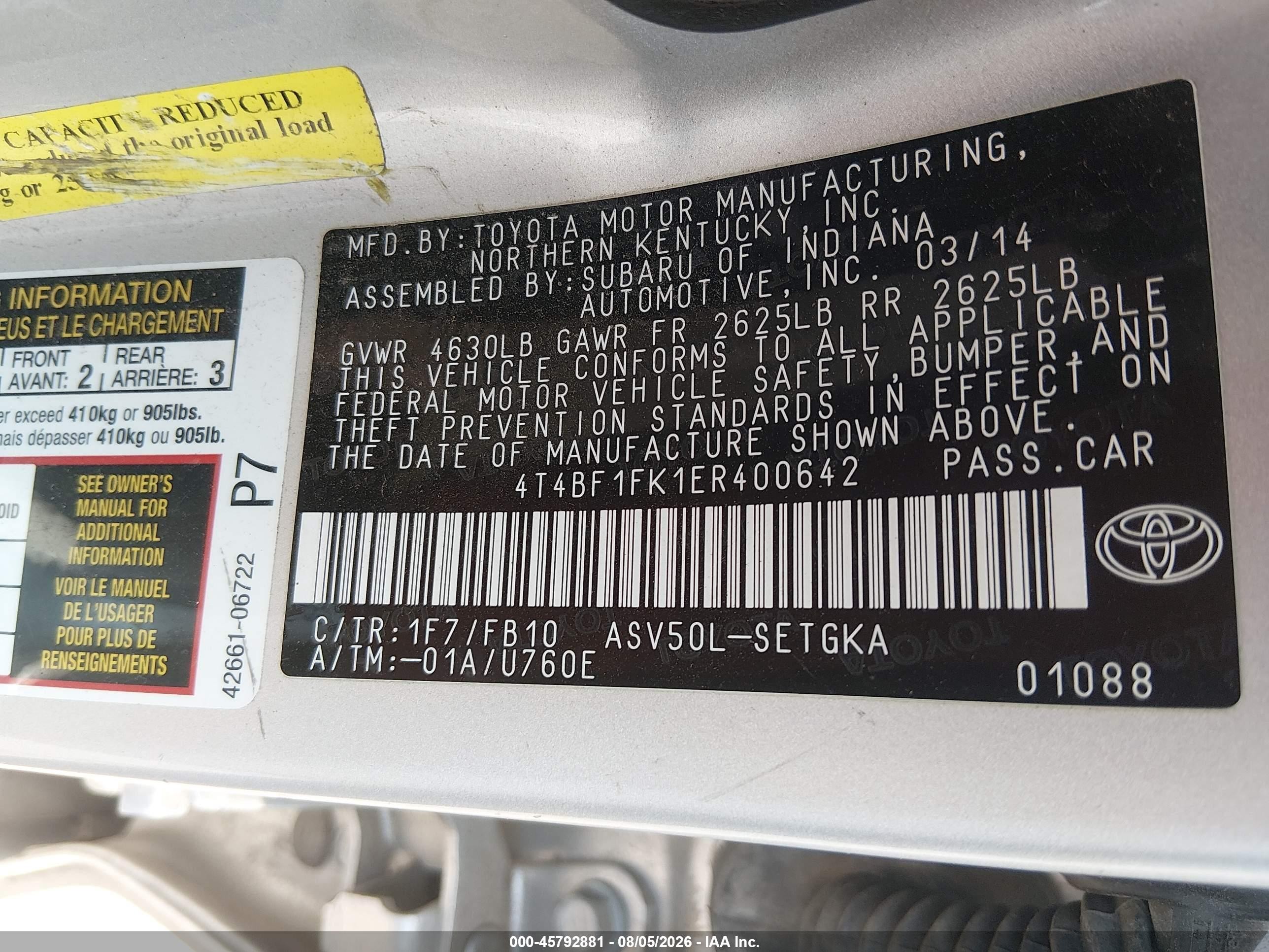 2014 Toyota Camry Xle Silver vin: 4T4BF1FK1ER400642