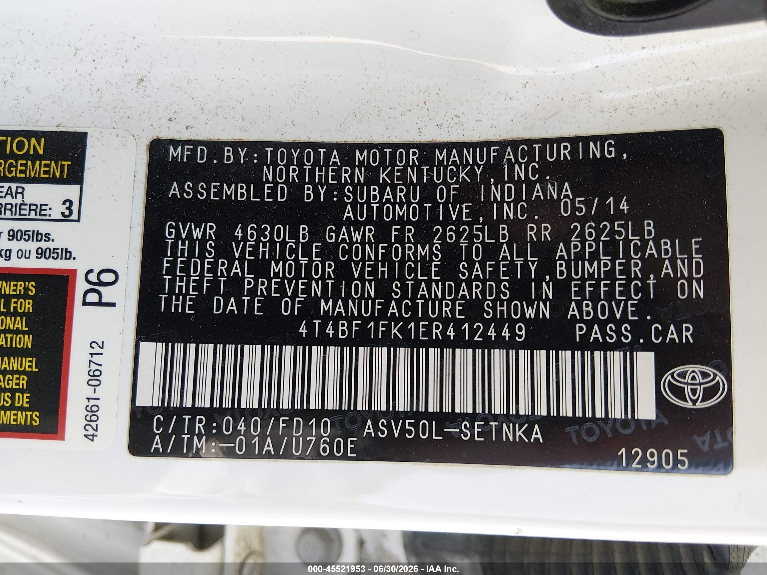 2014 Toyota Camry Le White vin: 4T4BF1FK1ER412449