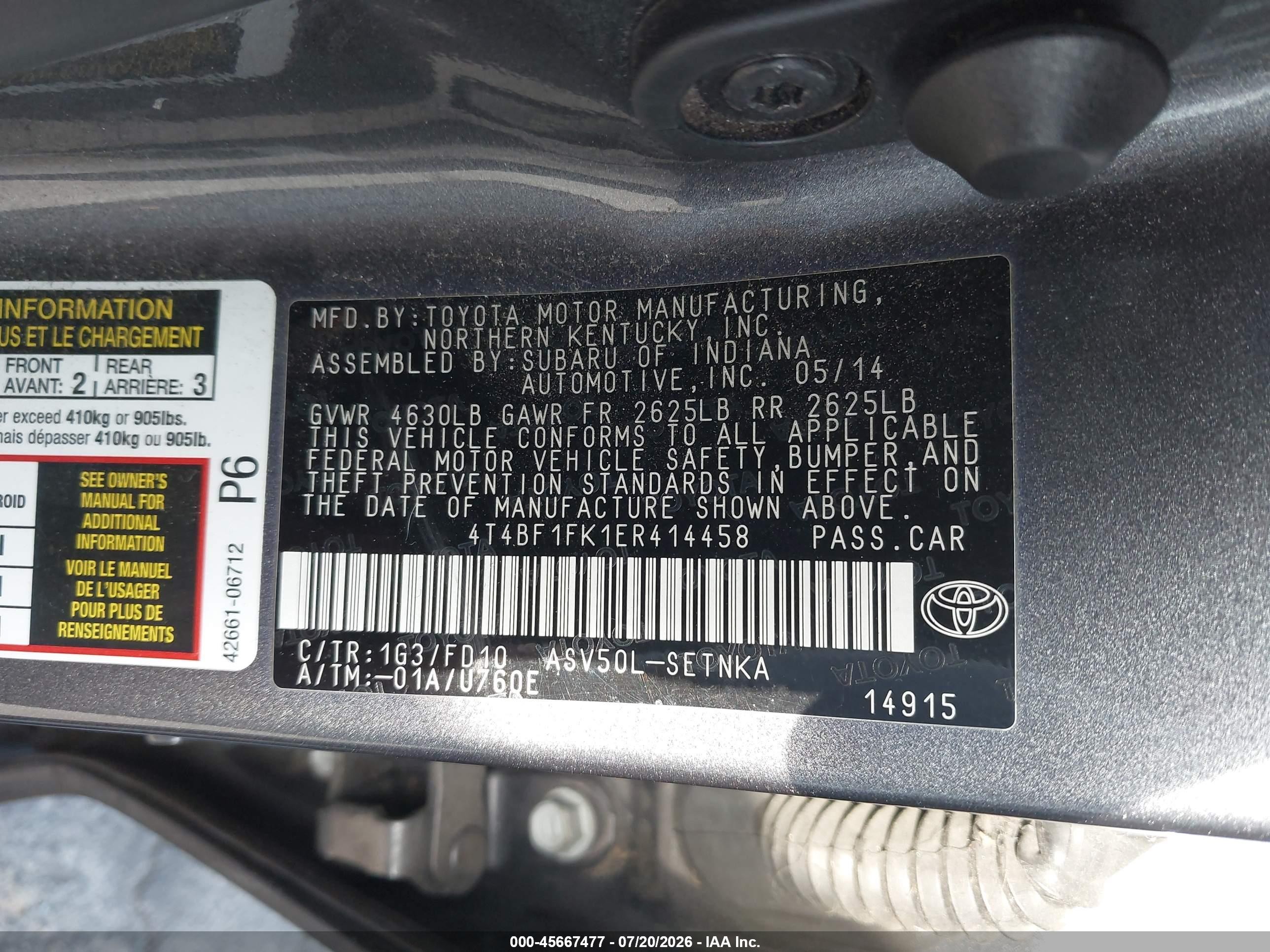 2014 Toyota Camry Le Gray vin: 4T4BF1FK1ER414458