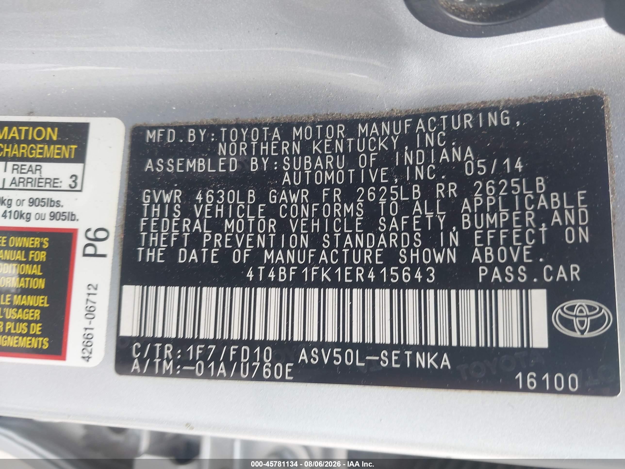 2014 Toyota Camry Le Silver vin: 4T4BF1FK1ER415643
