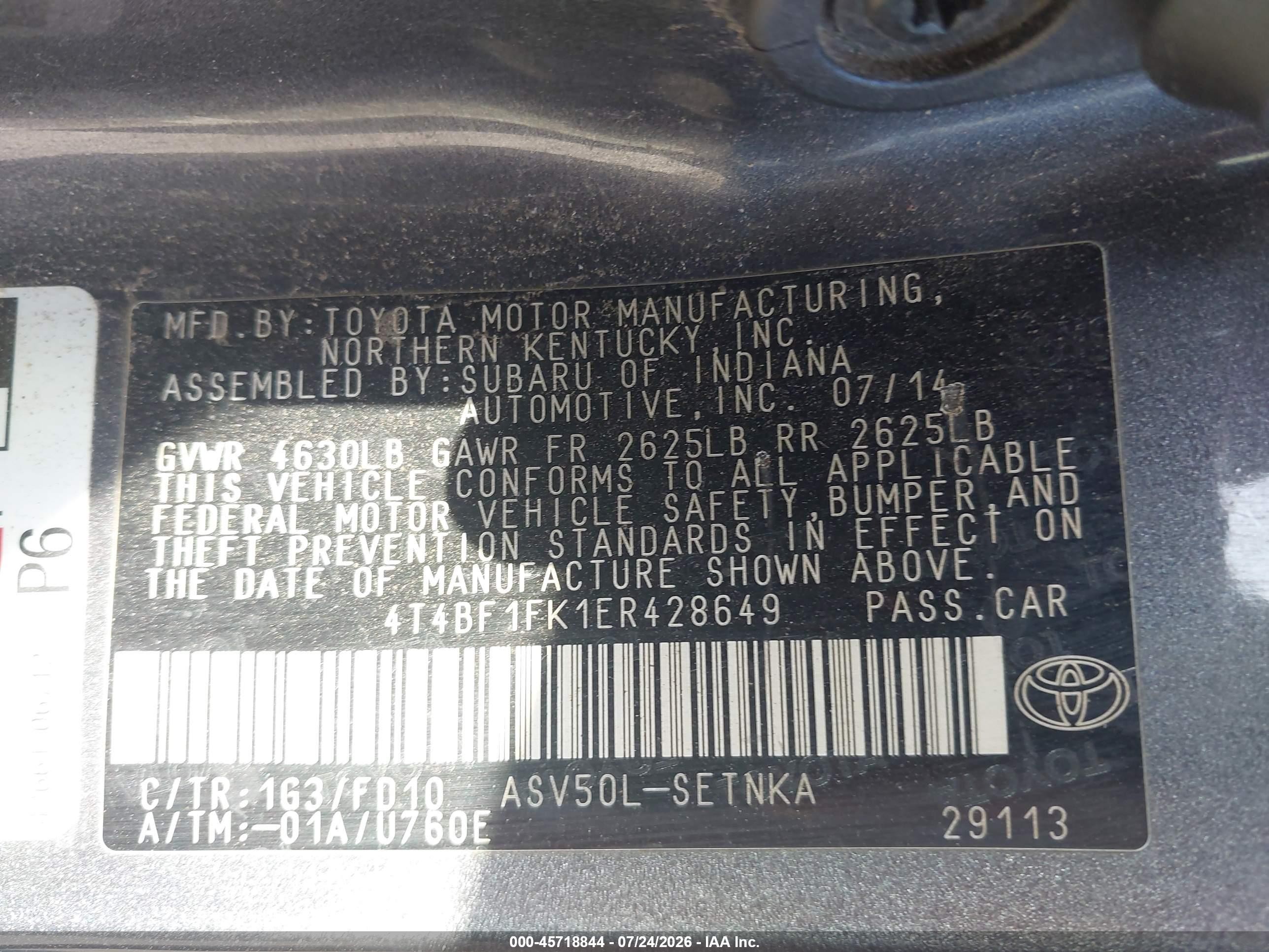 2014 Toyota Camry Le Gray vin: 4T4BF1FK1ER428649