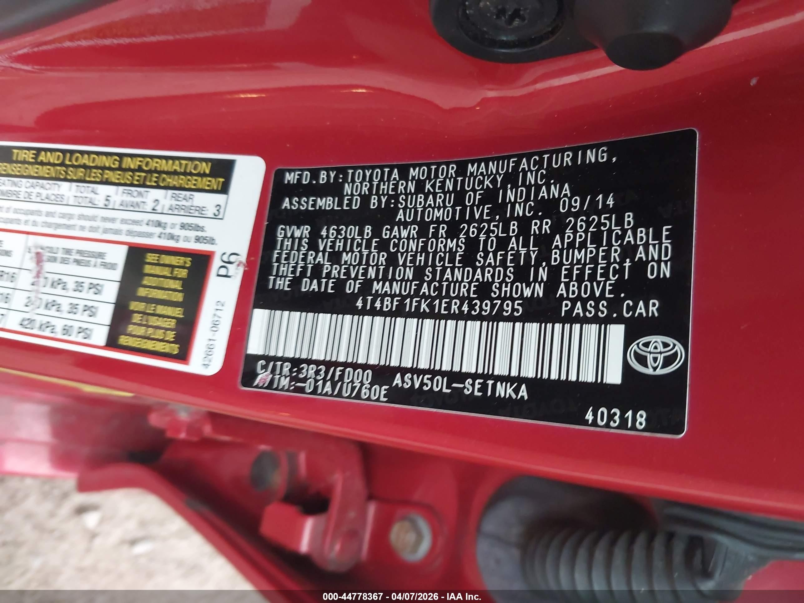 2014 Toyota Camry Le Red vin: 4T4BF1FK1ER439795