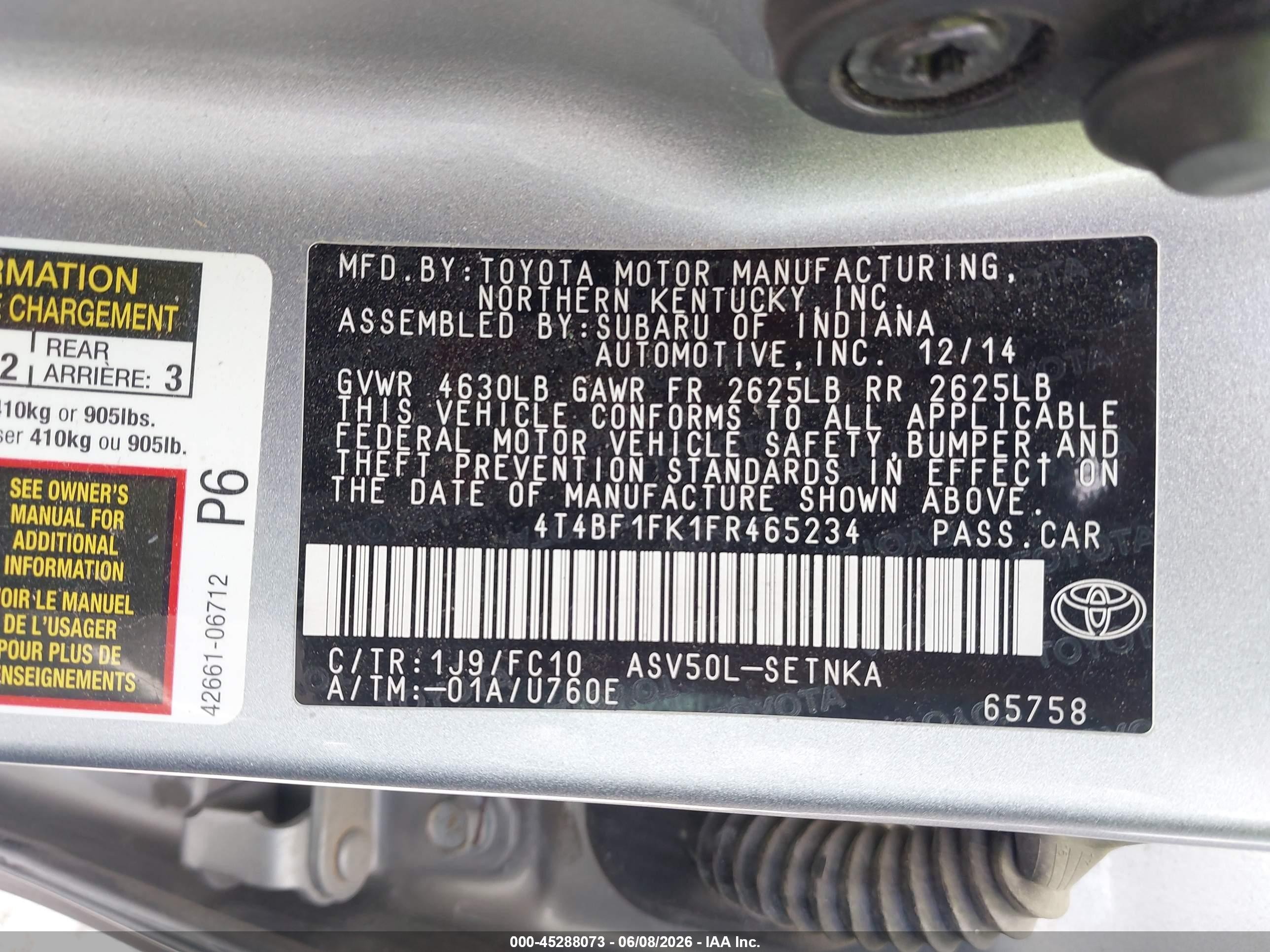 2015 Toyota Camry Le Серебряный vin: 4T4BF1FK1FR465234