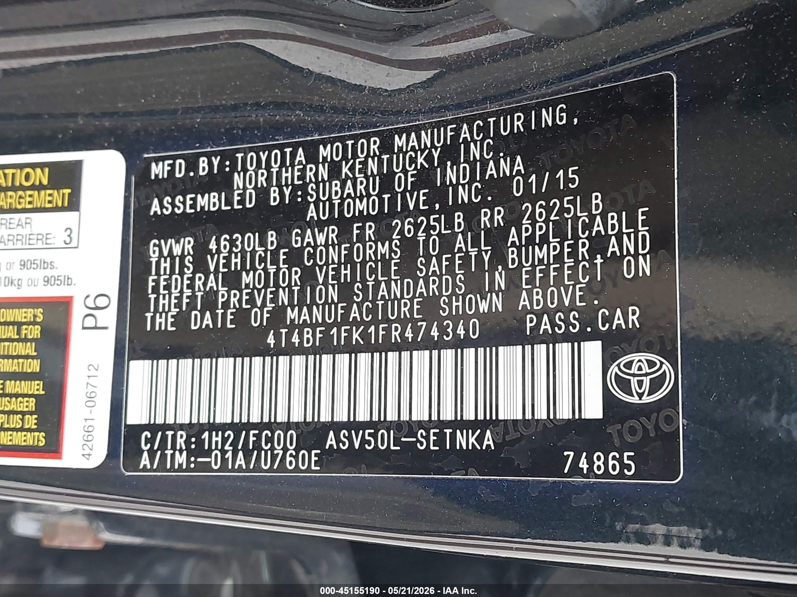 2015 Toyota Camry Le Black vin: 4T4BF1FK1FR474340