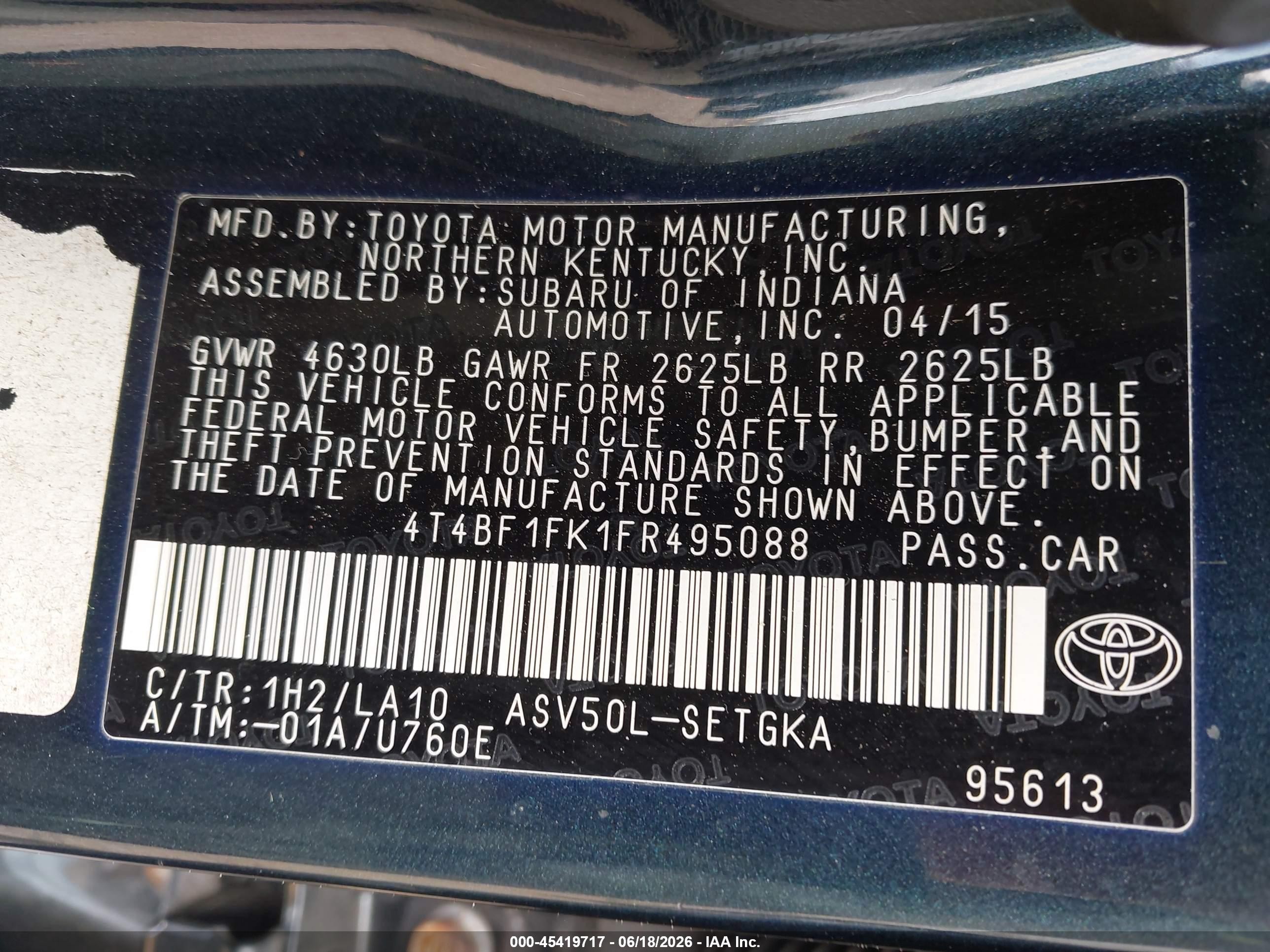 2015 Toyota Camry Xle Blue vin: 4T4BF1FK1FR495088