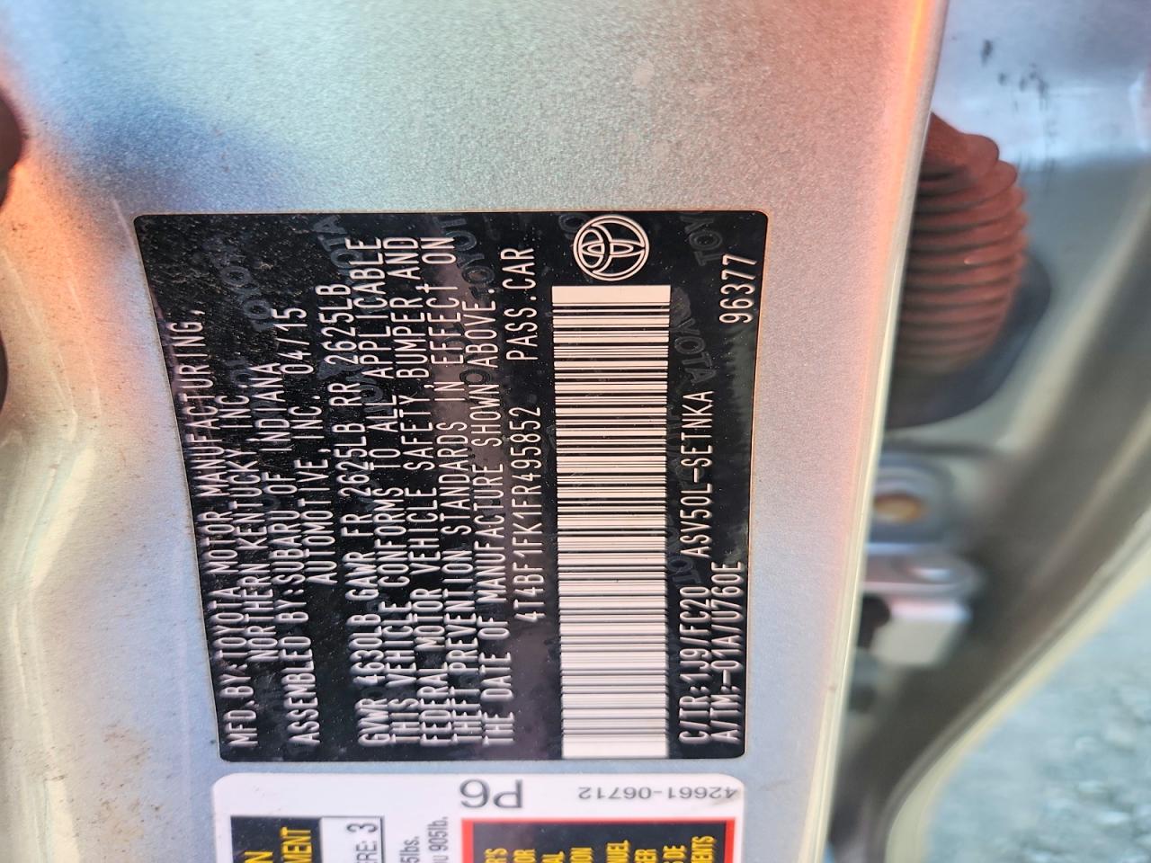 2015 Toyota Camry Le Gray vin: 4T4BF1FK1FR495852