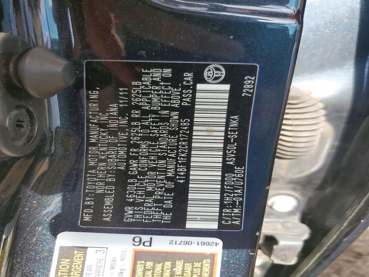 2012 Toyota Camry Le Черный vin: 4T4BF1FK2CR172485