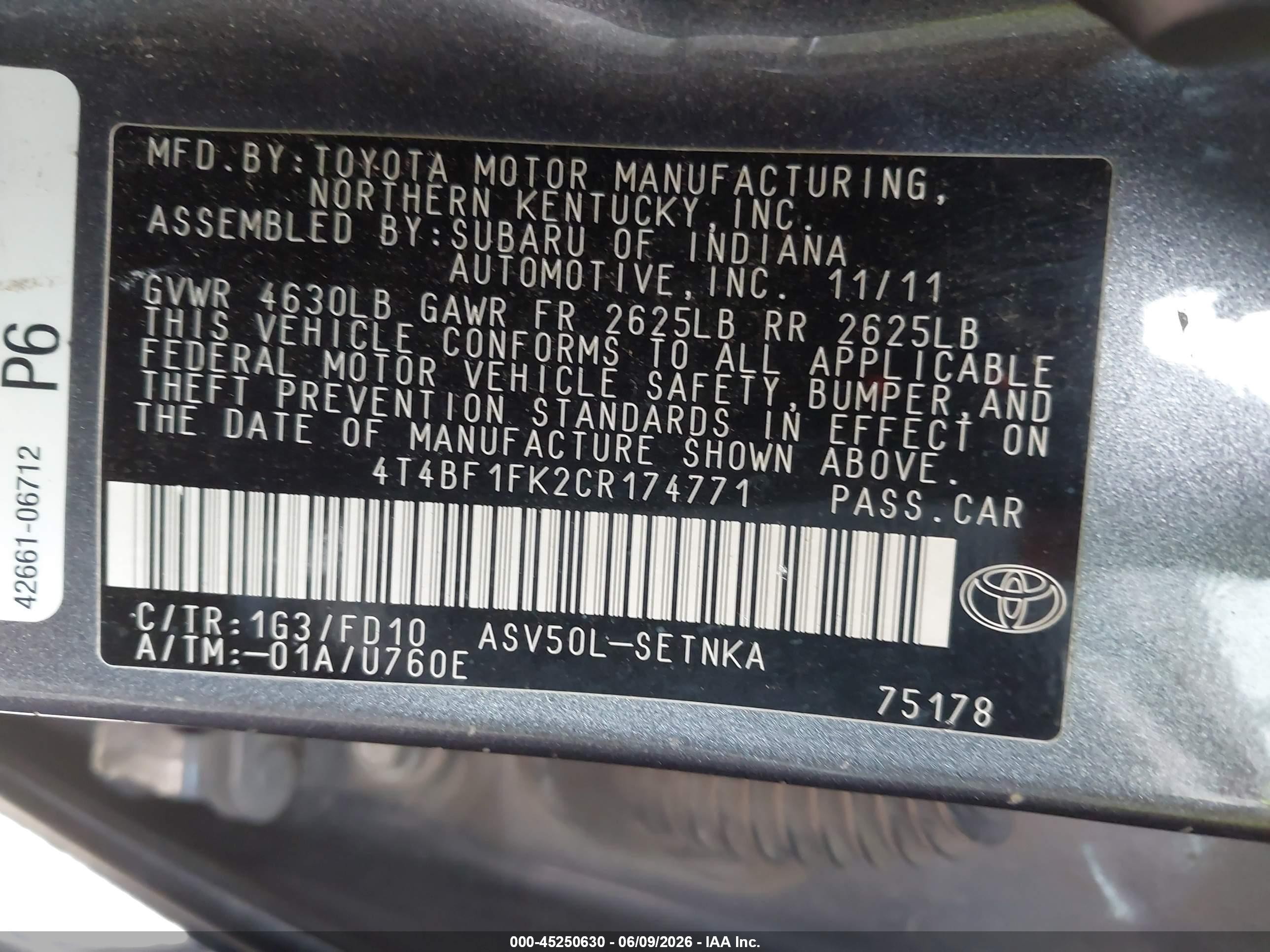 2012 Toyota Camry Le Gray vin: 4T4BF1FK2CR174771