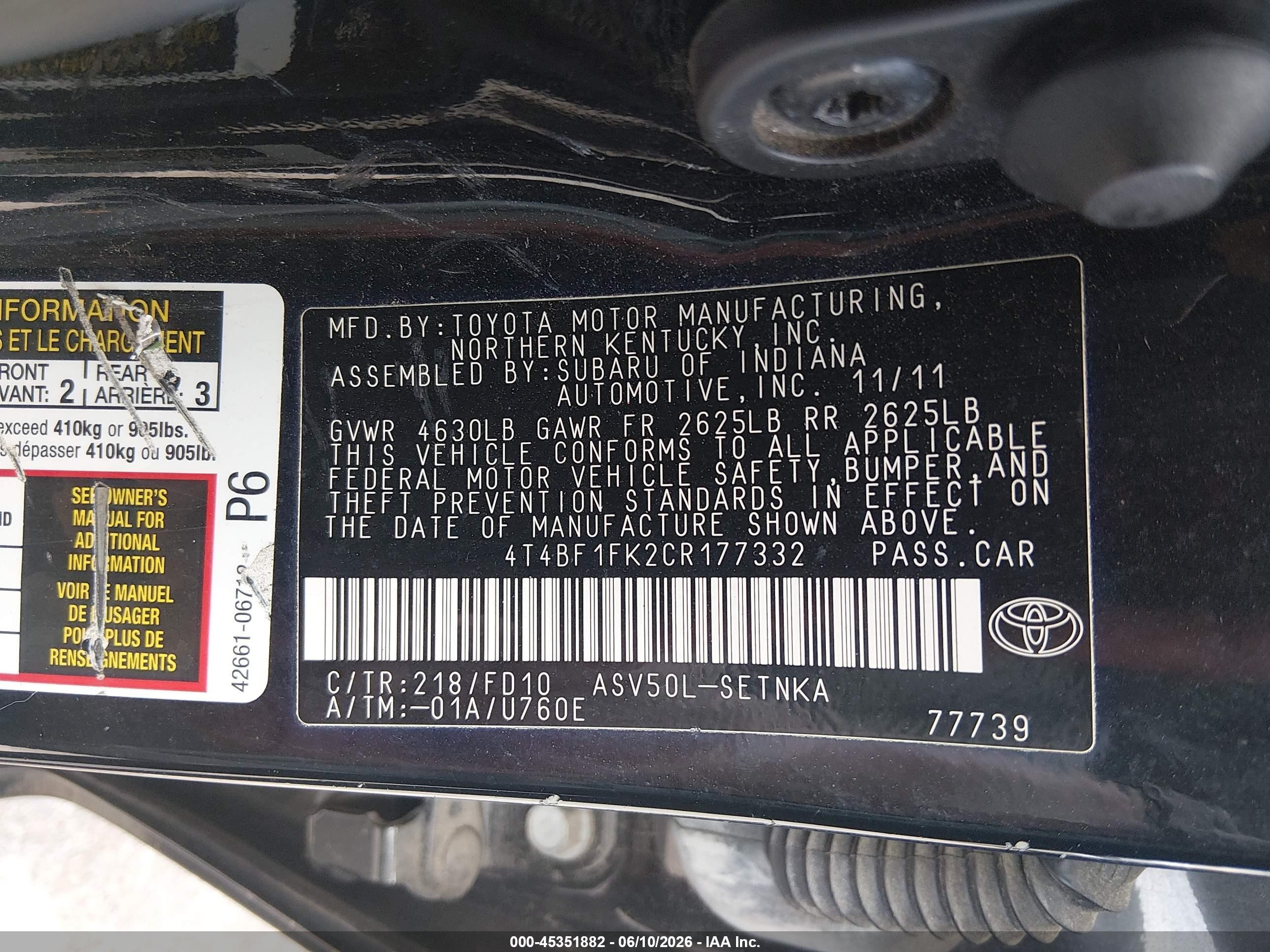 2012 Toyota Camry Le Black vin: 4T4BF1FK2CR177332