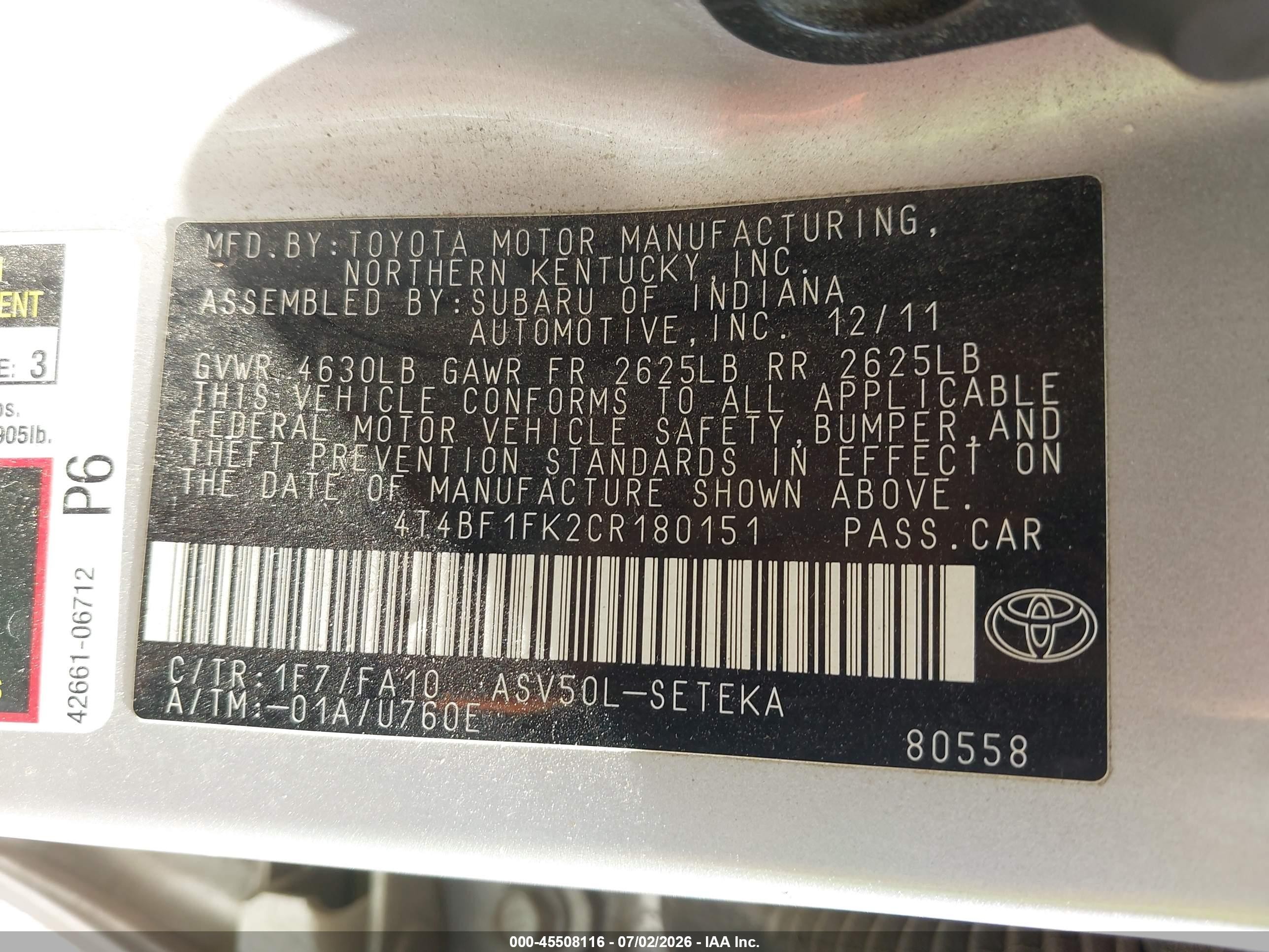 2012 Toyota Camry L Silver vin: 4T4BF1FK2CR180151
